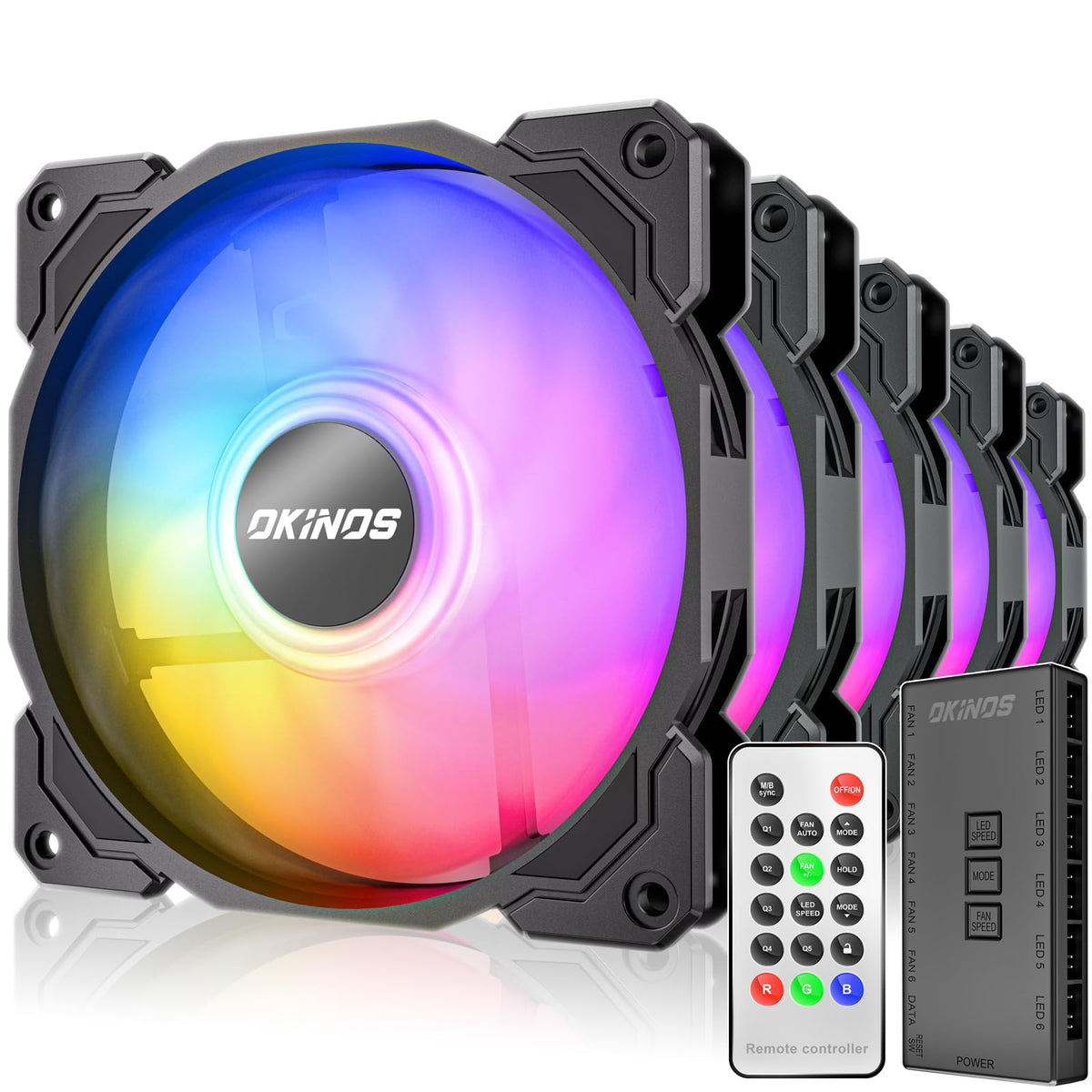 Okinos Rgb Fans 5 Pack, 4-Pin Pwm Pc Fans, 5V 3-Pin Addressable Rgb Fans, 120Mm Fan, Air Series (Included Argb Controller Hub & 