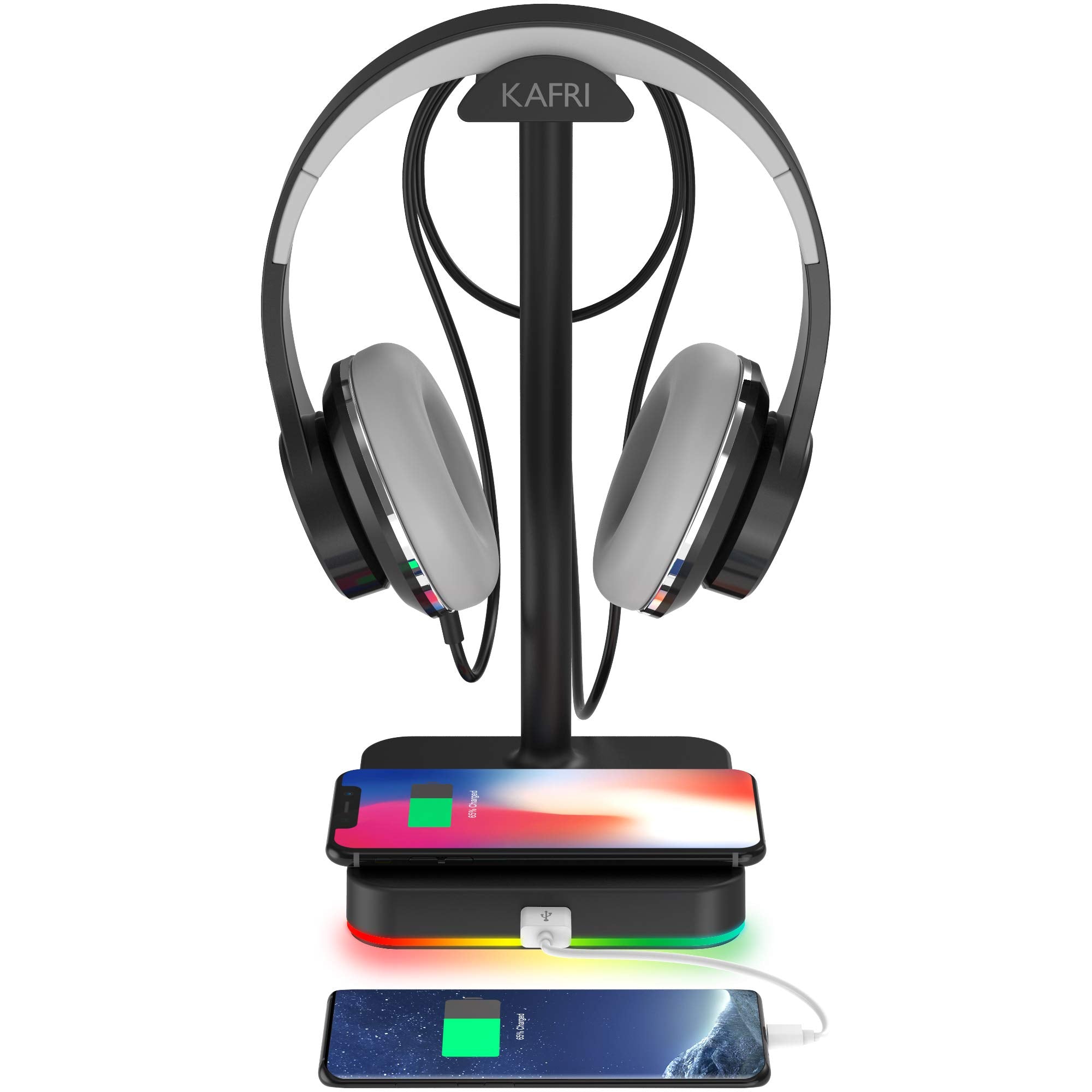 RGB Headphone Stand with Wireless Charger KAFRI Desk Gaming Headset Holder Hanger Rack with 10W/7.5W QI Charging Pad and QC 3.0 