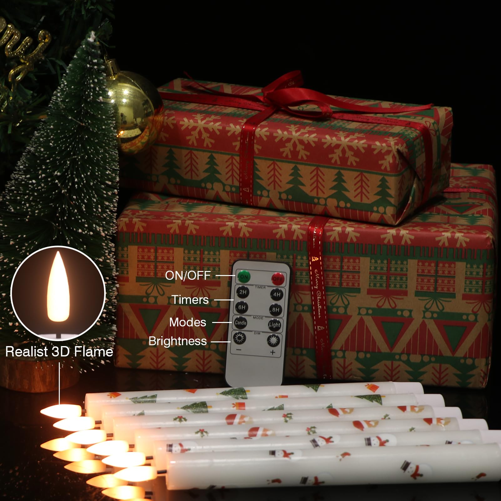 Kunswenn Christmas Flameless Taper Candles With Remote Timer, 6 Pcs Christmas Candlesticks With Christmas Tree Snowmans Santa De