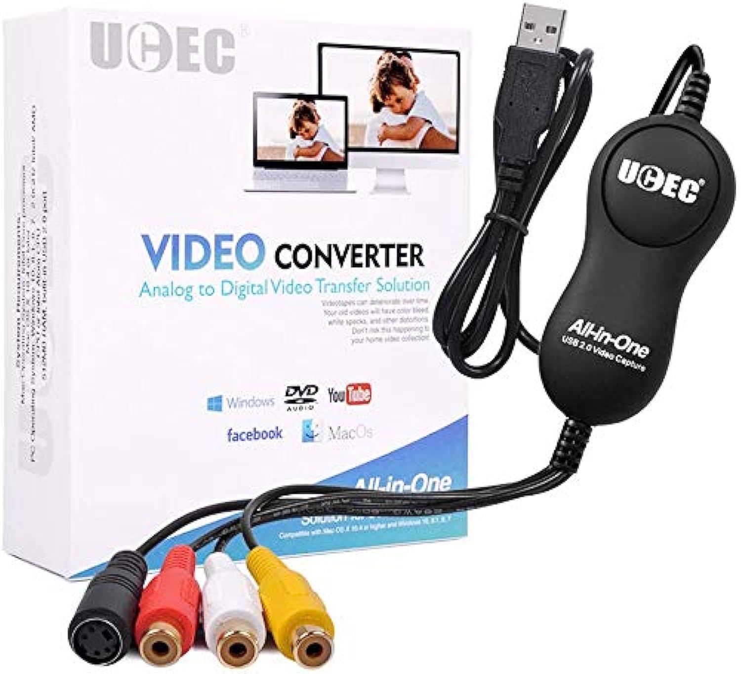 Ucec Usb 2.0 Video Capture Card Device, Vhs Vcr Tv To Dvd Converter For Mac Os X Pc Windows 7 8 10 11