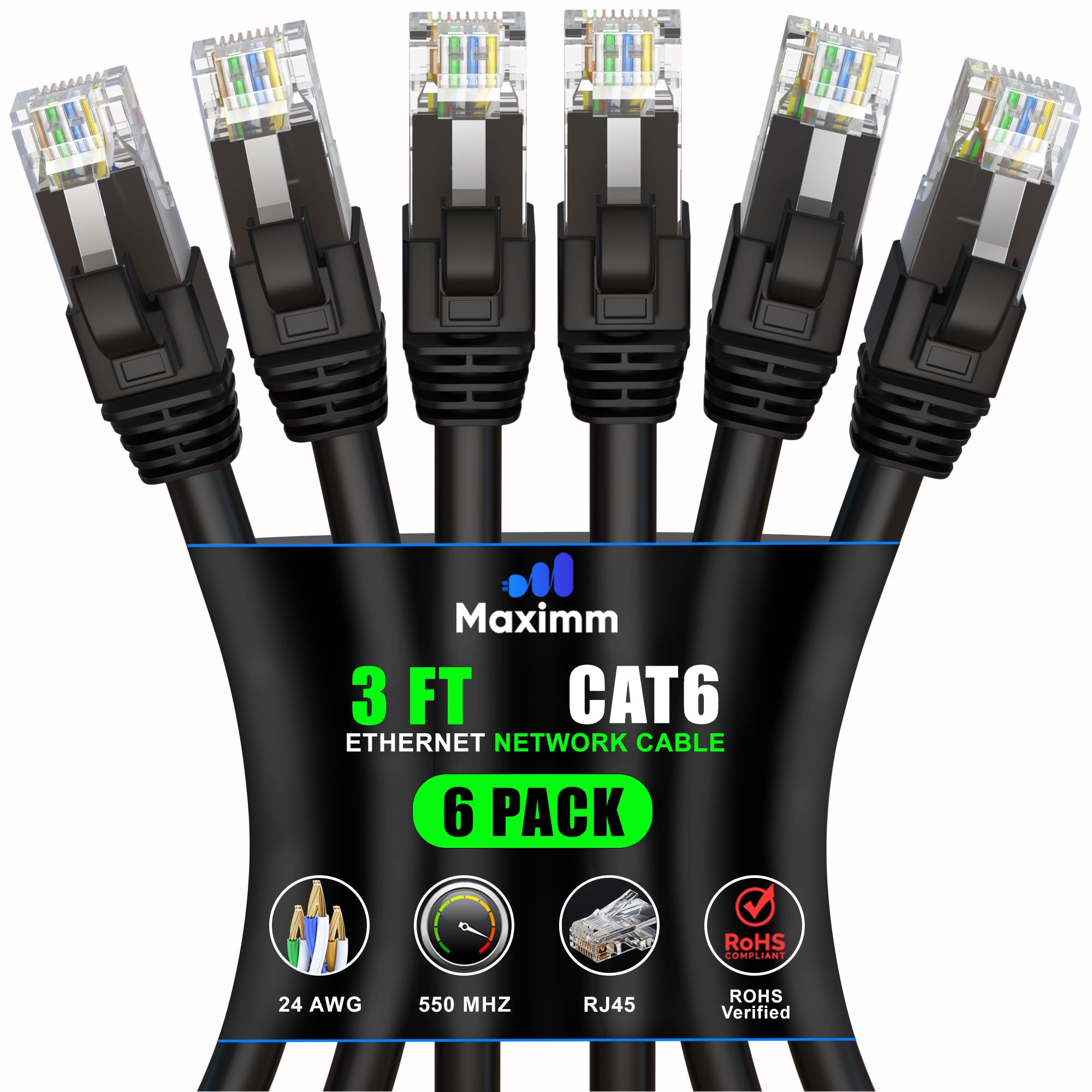Maximm Cat 6 Ethernet Cable 3 Ft (6 Pack)   High Speed Lan Cable, Internet Cable, Patch Cable, And Network Cable   Utp, 10Gbps, 550Mhz Ethernet Cord   Black