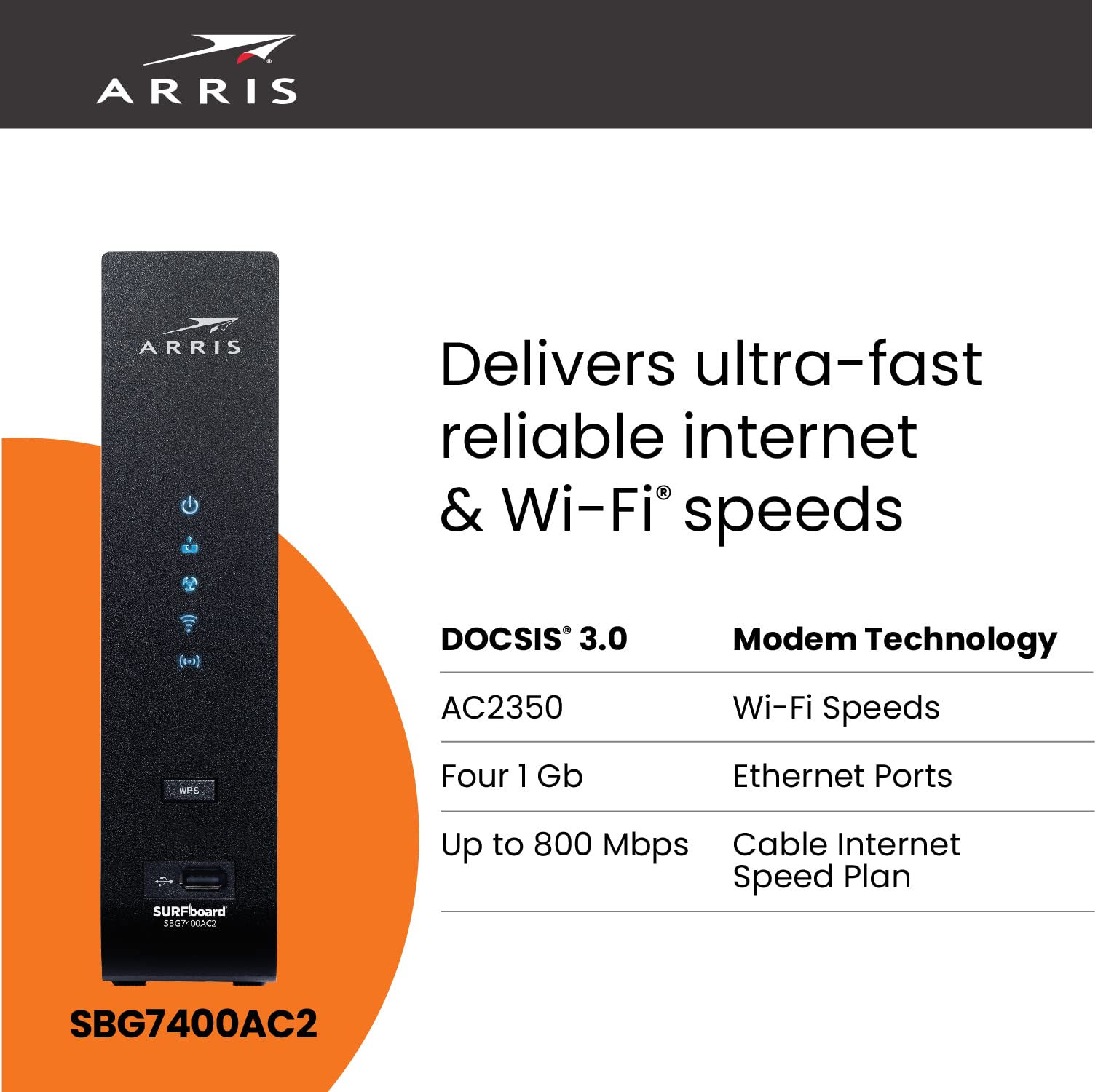 Arris Surfboard Sbg7400Ac2 Docsis 3.0 Cable Modem & Ac2350 Wi-Fi Router , Approved For Comcast Xfinity, Cox, Charter Spectrum &