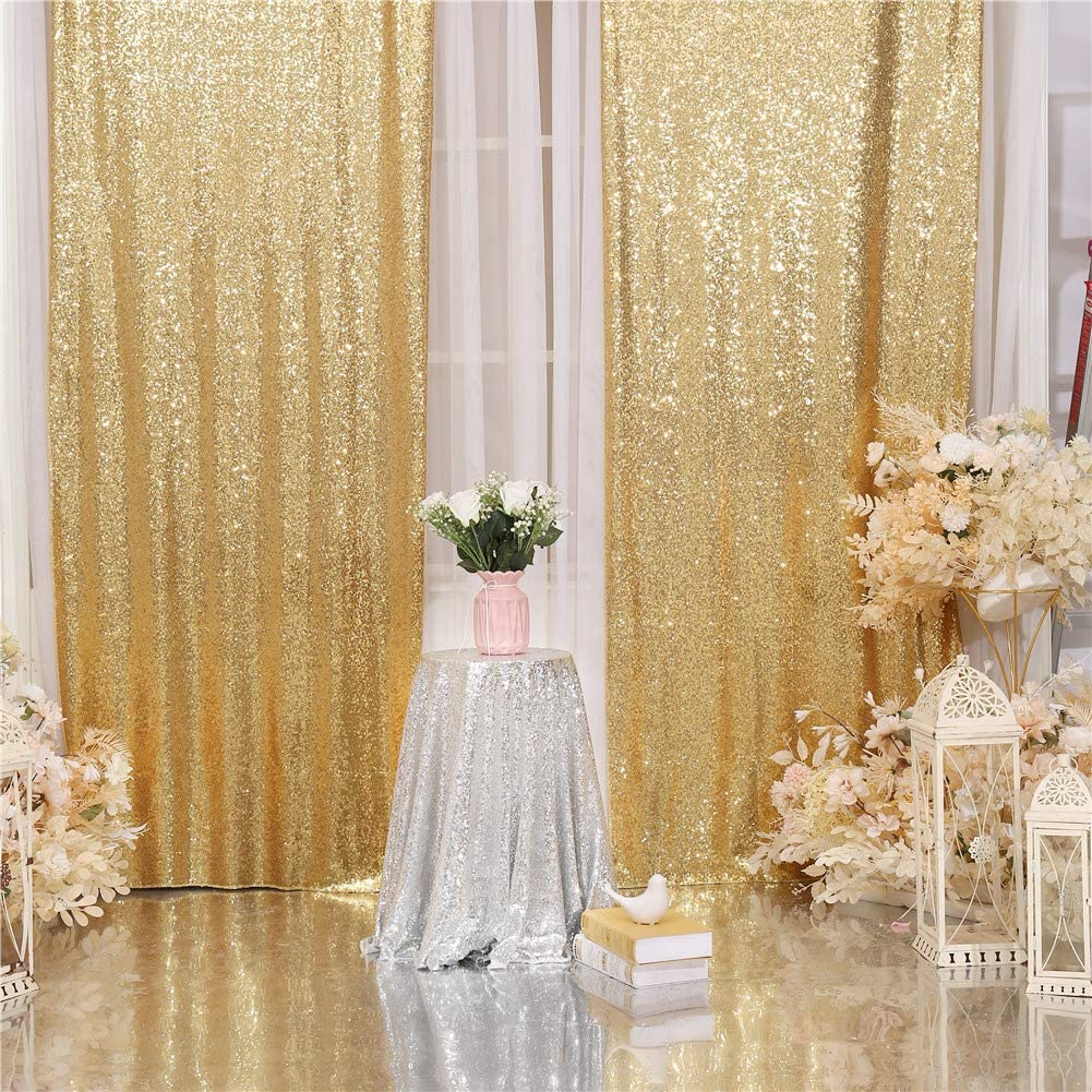 Eternal Beauty Gold Sequin Backdrop Curtain 2 Panels, Gold Curtain Backdrop For Party Decoration (W2 X H8Ft 2Pcs)
