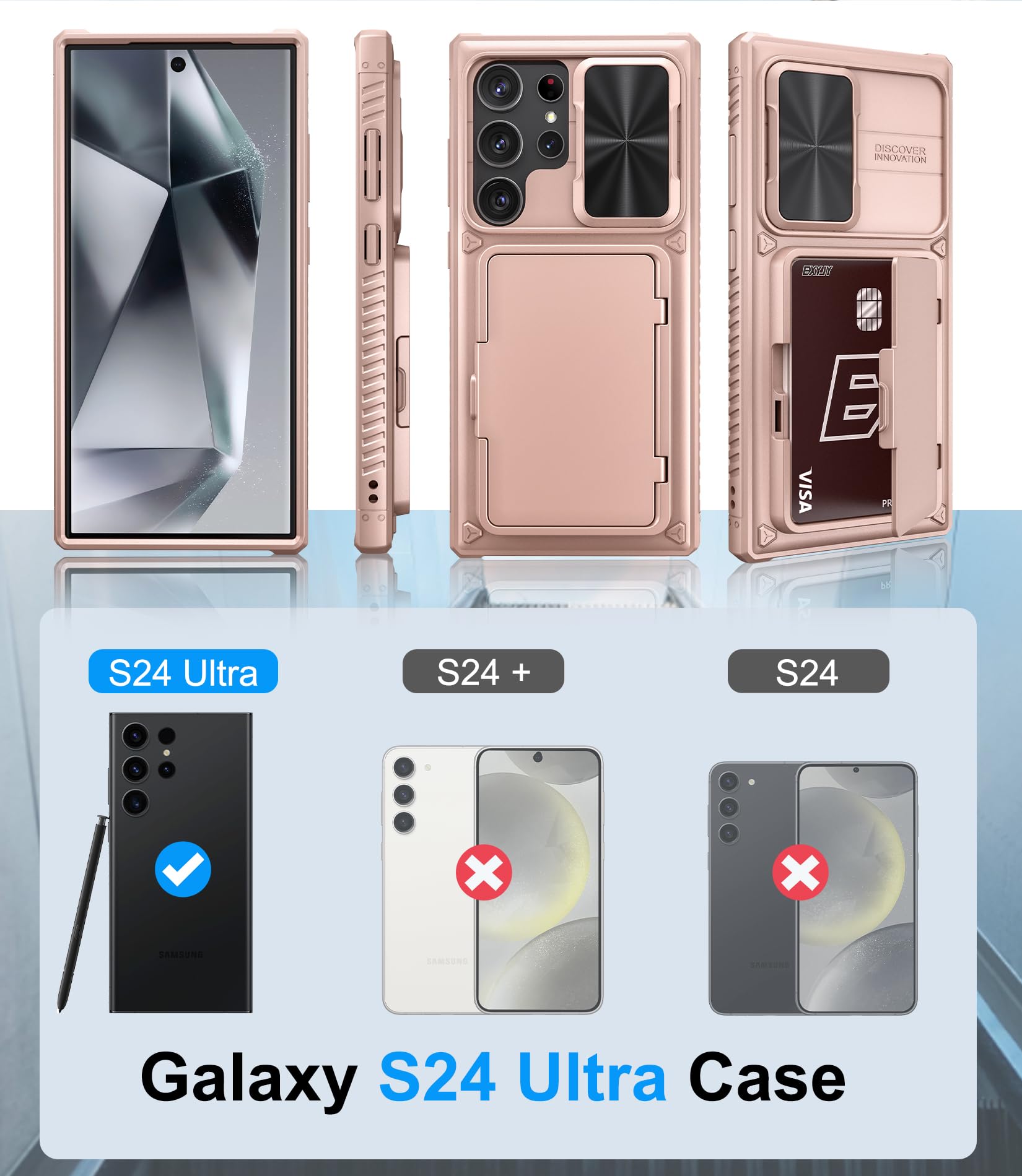 Bxyjy For Samsung Galaxy S24 Ultra Case With Card Holder (Store 4 5 Cards) & Slide Lens Cover & Stand, Military Grade Drop Prote