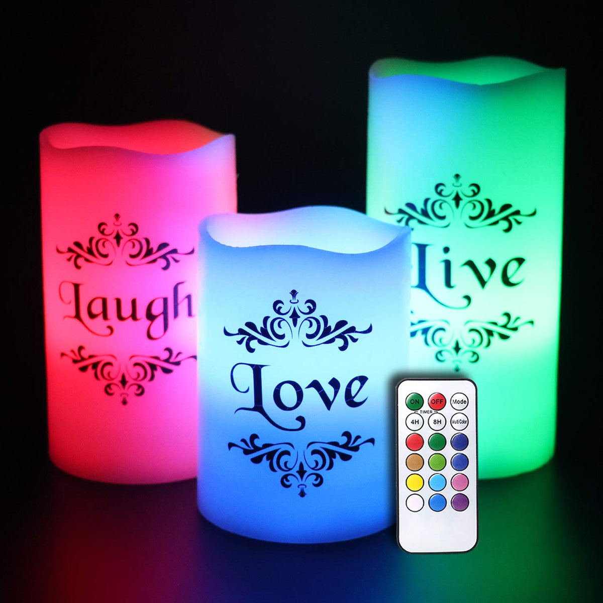 Dromance Color Changing Led Flameless Candles With 18-Key Remote And Timer, Live Love Laugh Decals Battery Operated Led Flickeri