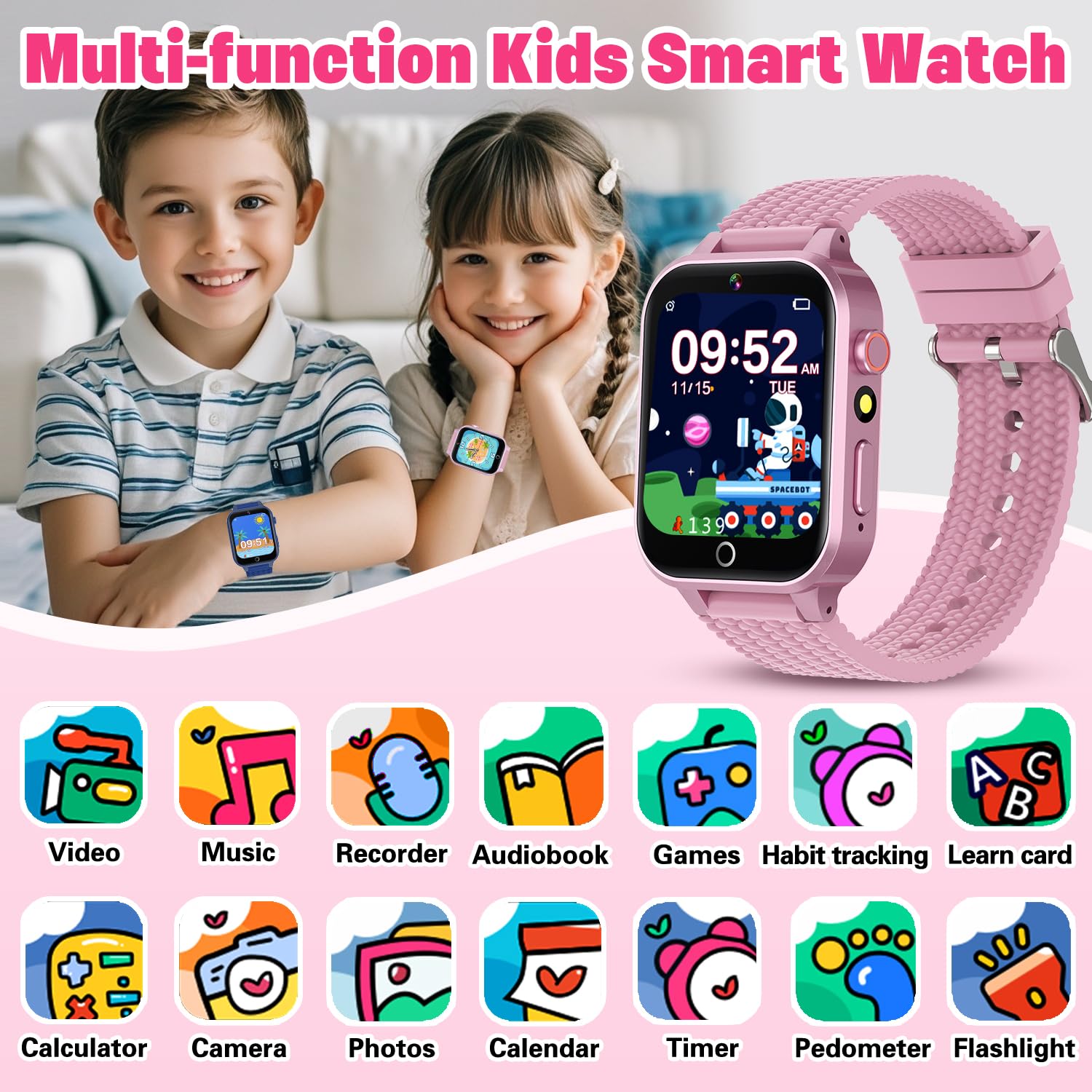 Kids Smart Watch For Girls Age 5-12, Kids Watch With 26 Games, Camera Music Player Pedometer Habit Tracking Hd Touchscreen Flash