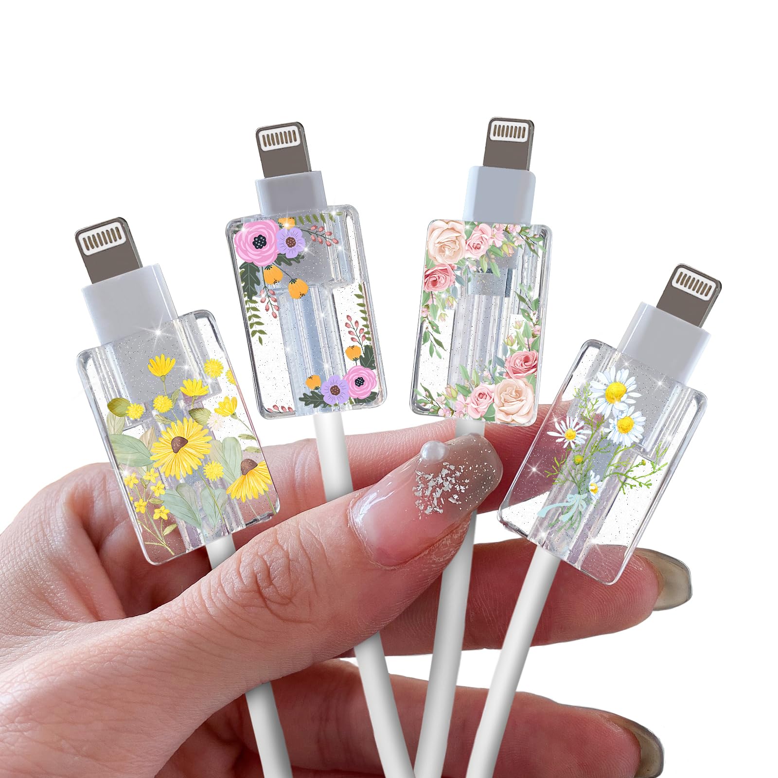 Glitter Bling Cable Protector For Iphone Type C Charger,Sparkle Flowers Garden Pattern 4 Pcs Set Cable Phone Protector For Women