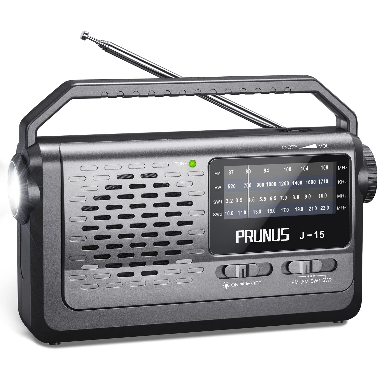 Noaa Weather Am Fm Portable Radio With Best Reception,Flashlight, Earphone Jack,Battery Operated Radio By 3X D Cell Batteries Or Ac Power For Ice Storms Emergency Use,Plug In Wall By Prunus J15Wb