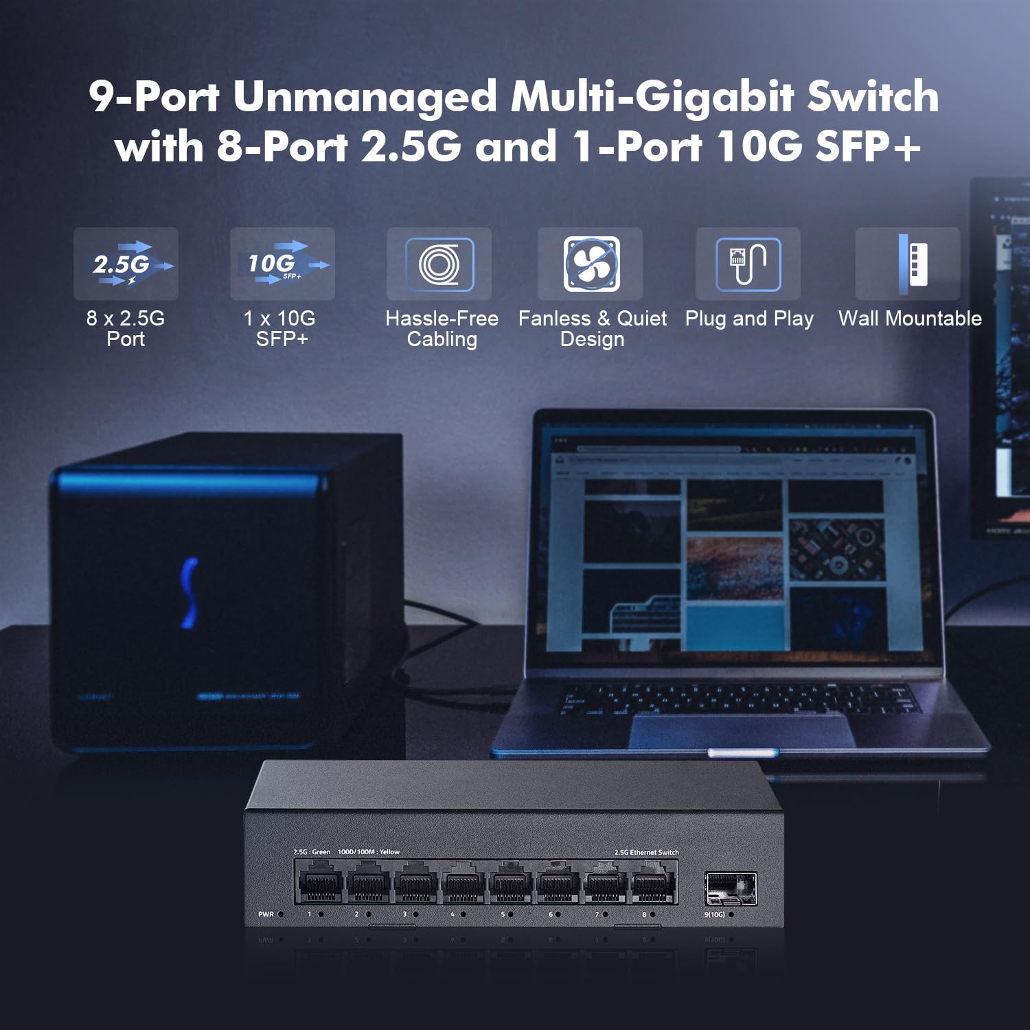 Yulinca 8 Port 2.5G Unmanaged Switch, 8 X 2.5Gbase T Ports With 10G Sfp+, 60Gbps Switching Capacity, Fanless Plug & Play 2.5Gb N