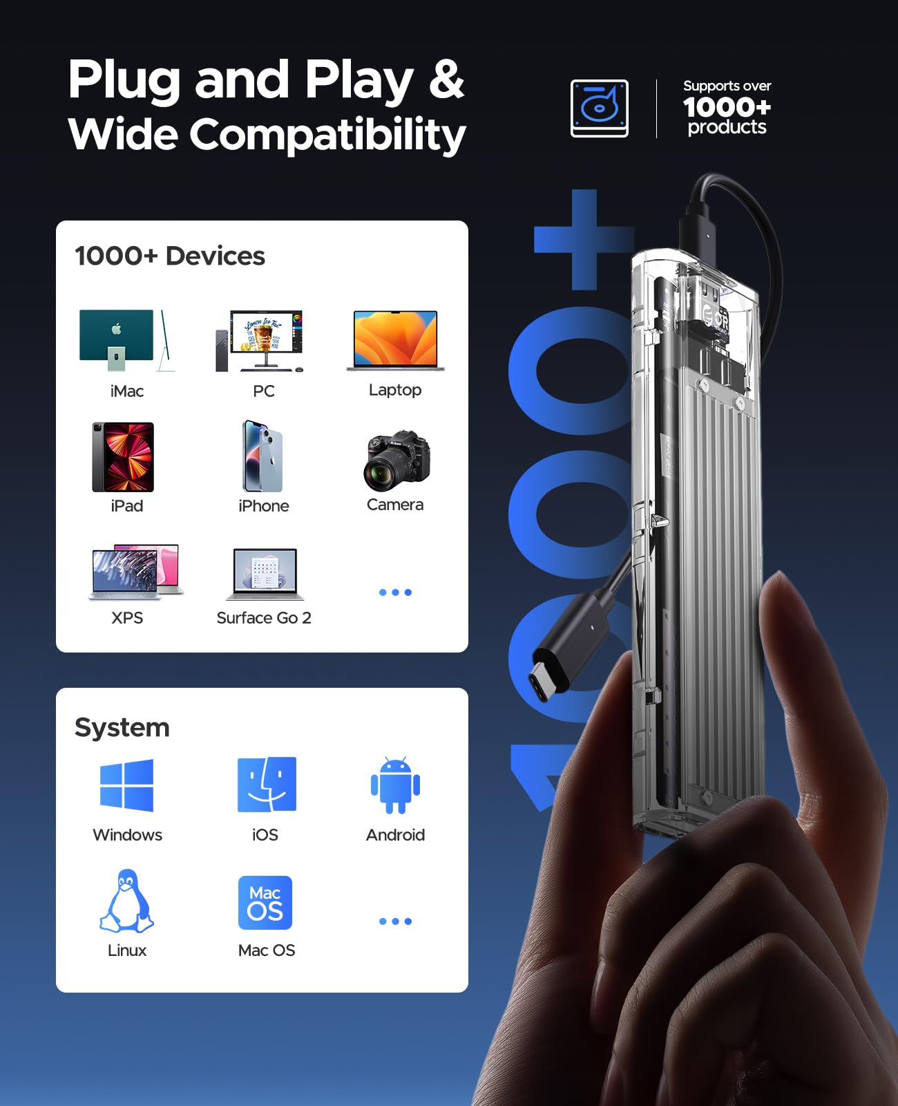 ORICO M.2 NVMe SSD Enclosure, USB 3.2 Gen 2 (10 Gbps), Transparent External Solid State Drive Adapter Enclosure for 2280 2260 2242 2230 PCI E M2 M Key SSD, USB Type C Converter Case TCM2 Silver