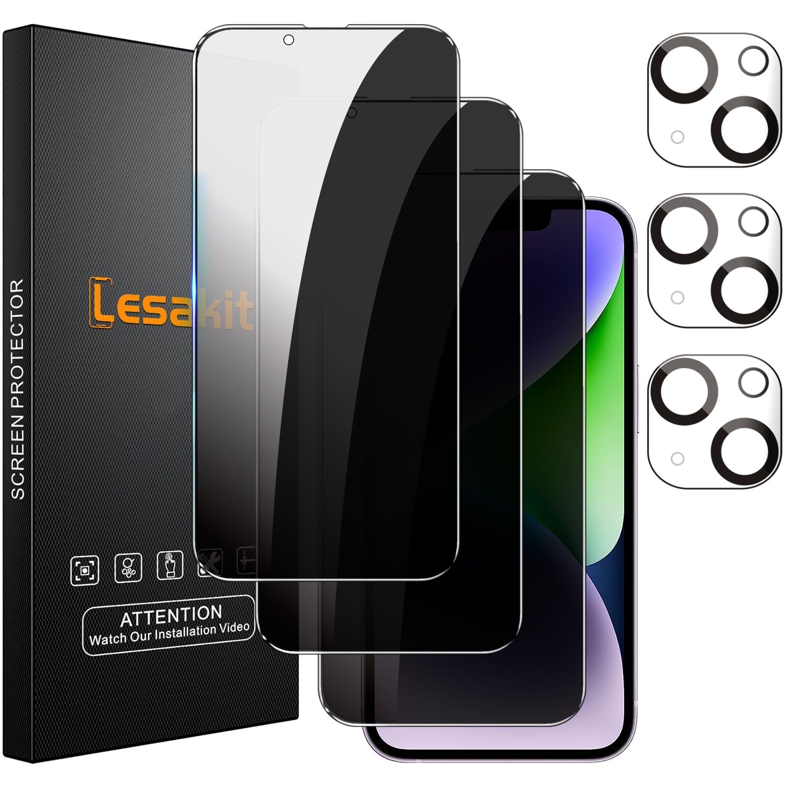 Lesakit 3+3 Pack Privacy Screen Protector For Iphone 14 Plus 6.7 Inch With 3 Pack Camera Lens Protector, Anti Spy Tempered Glass