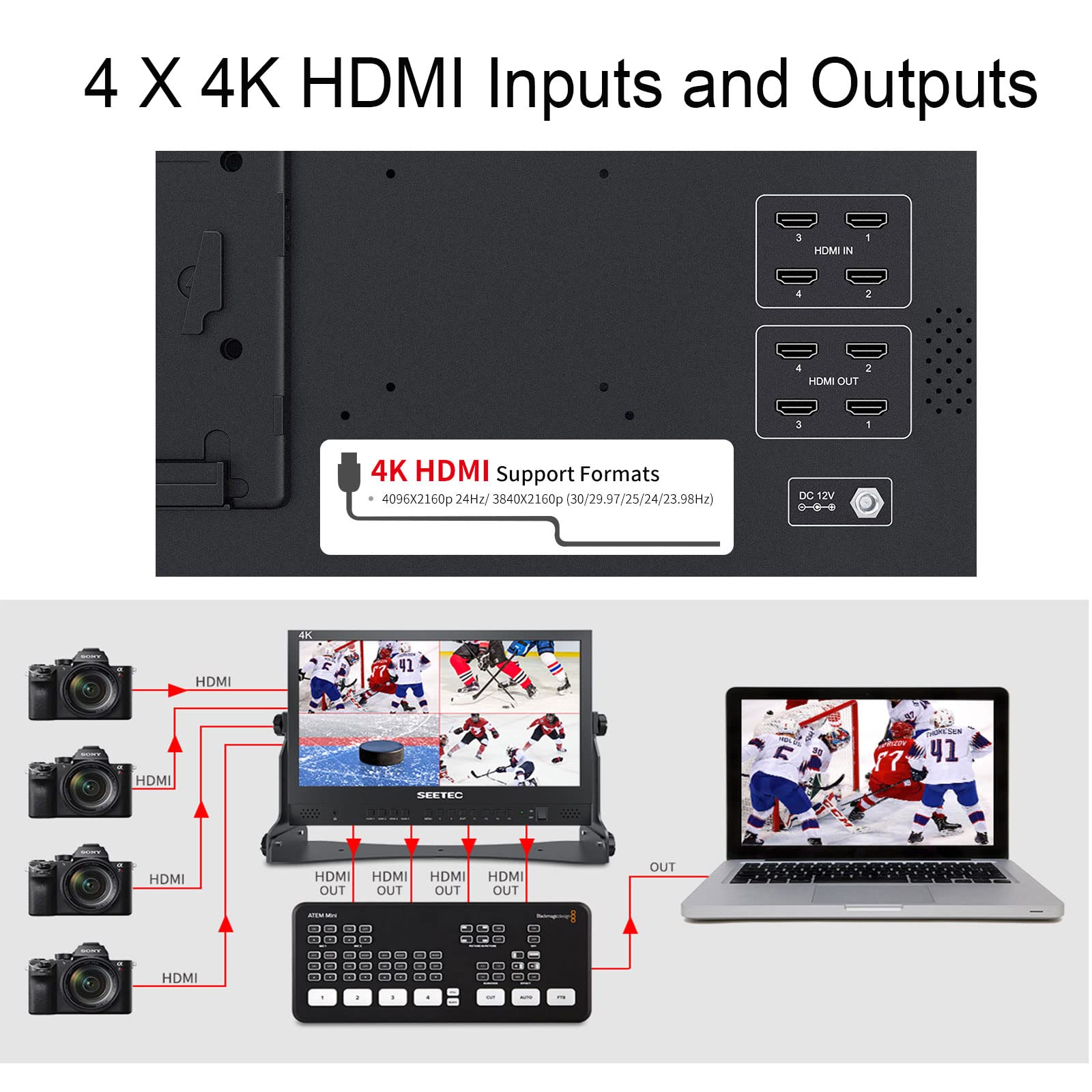 Seetec Atem156 15.6'' Ips Live Streaming Broadcast Director Monitor With 1920  1080 Pixels 4 Hdmi Input Output Quad Split Displa