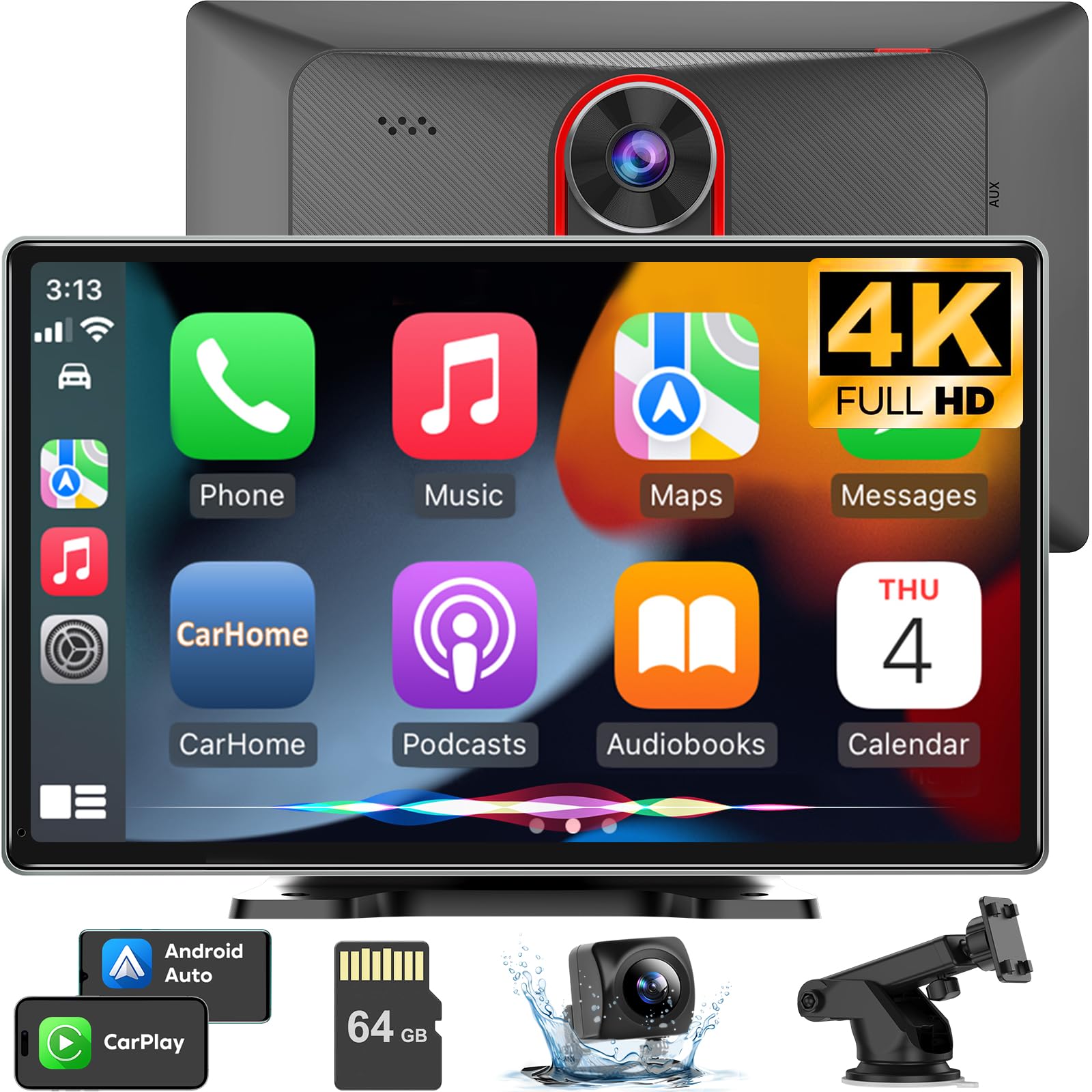 Wireless Apple Car Play With 4K Dash Cam, 9'' Portable Apple Carplay & Android Auto Car Stereo, Carplay Screen With 1080P Backup