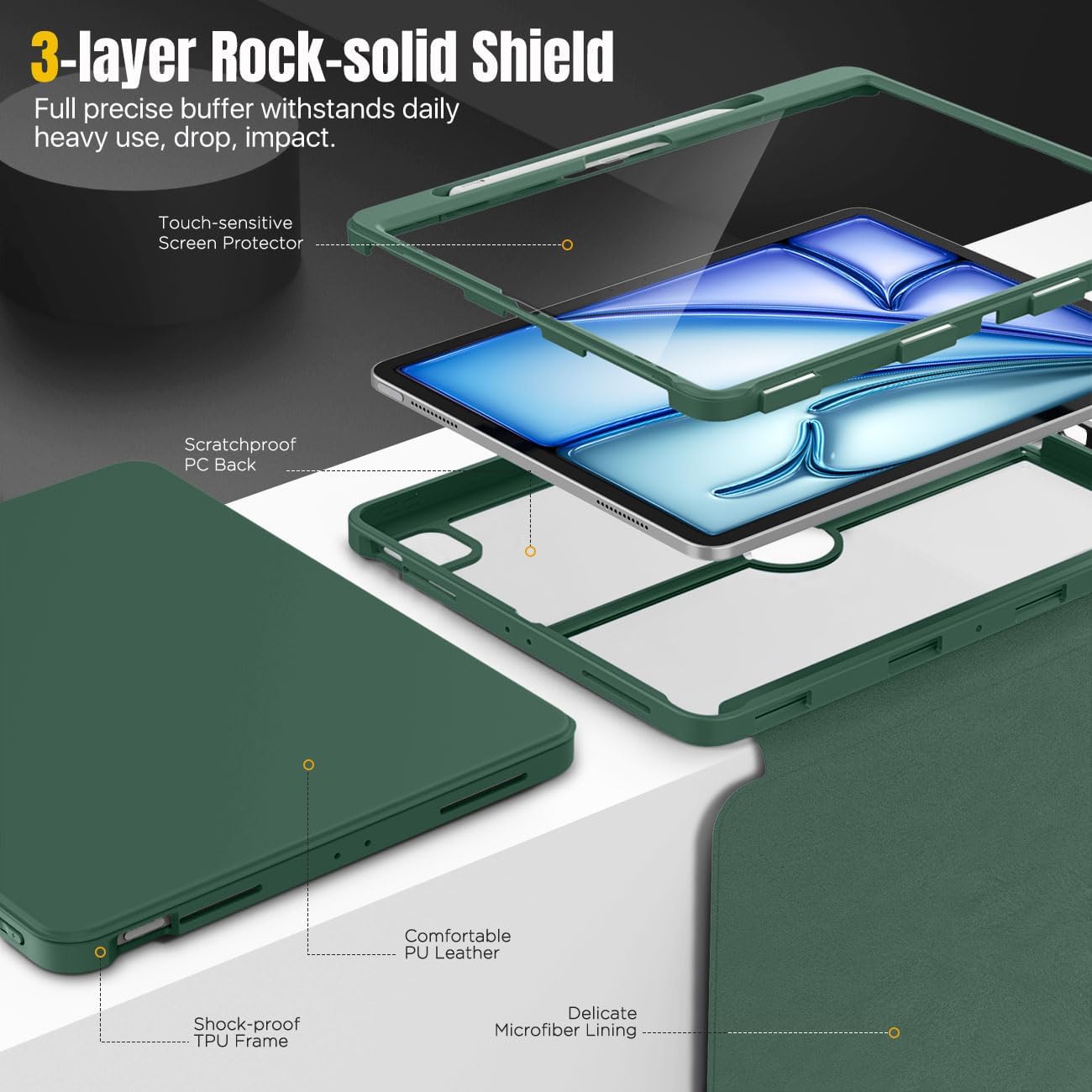 MoKo for iPad Air 13 Inch Case M2 2024 with Pencil Holder, iPad Air 13 Case, [Built in Screen Protector], iPad Air 13' Case with Clear Back & Magnetic Multi Angle Stand Cover, Midnight Green