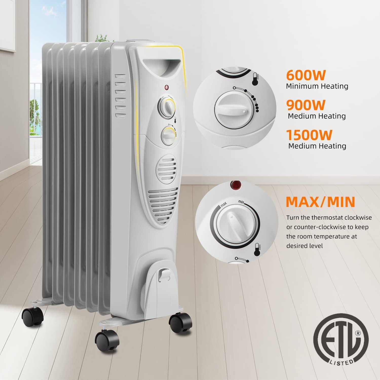 R.W.Flame Oil Filled Radiator Heater,3 Heat Settings, Adjustable Thermostat, Portable Space Heater, Quiet Heater With Tip Over &