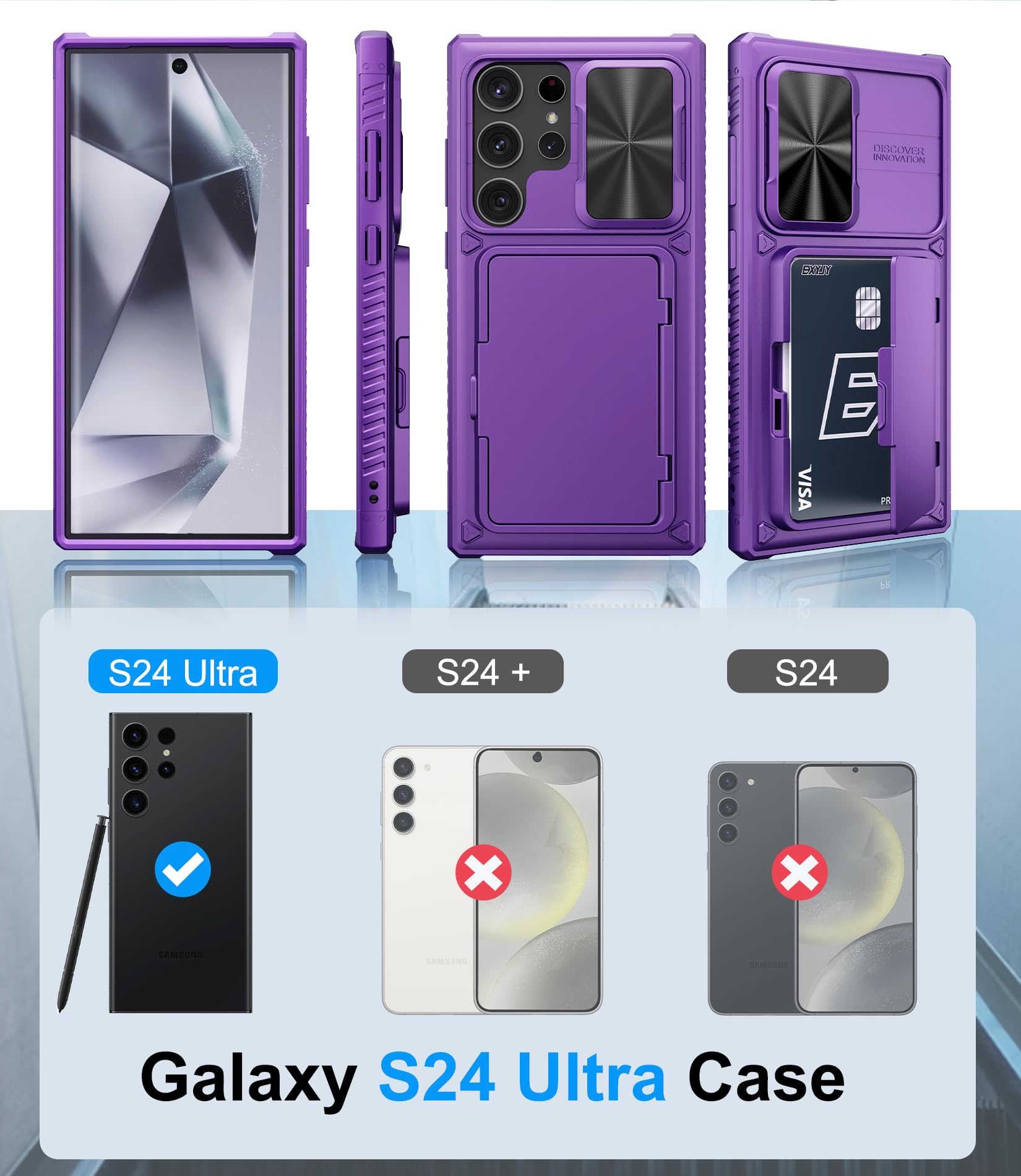 Bxyjy For Samsung Galaxy S24 Ultra Case With Card Holder (4 5 Cards) & Kickstand & Slide Lens Cover, Military Grade Protection,