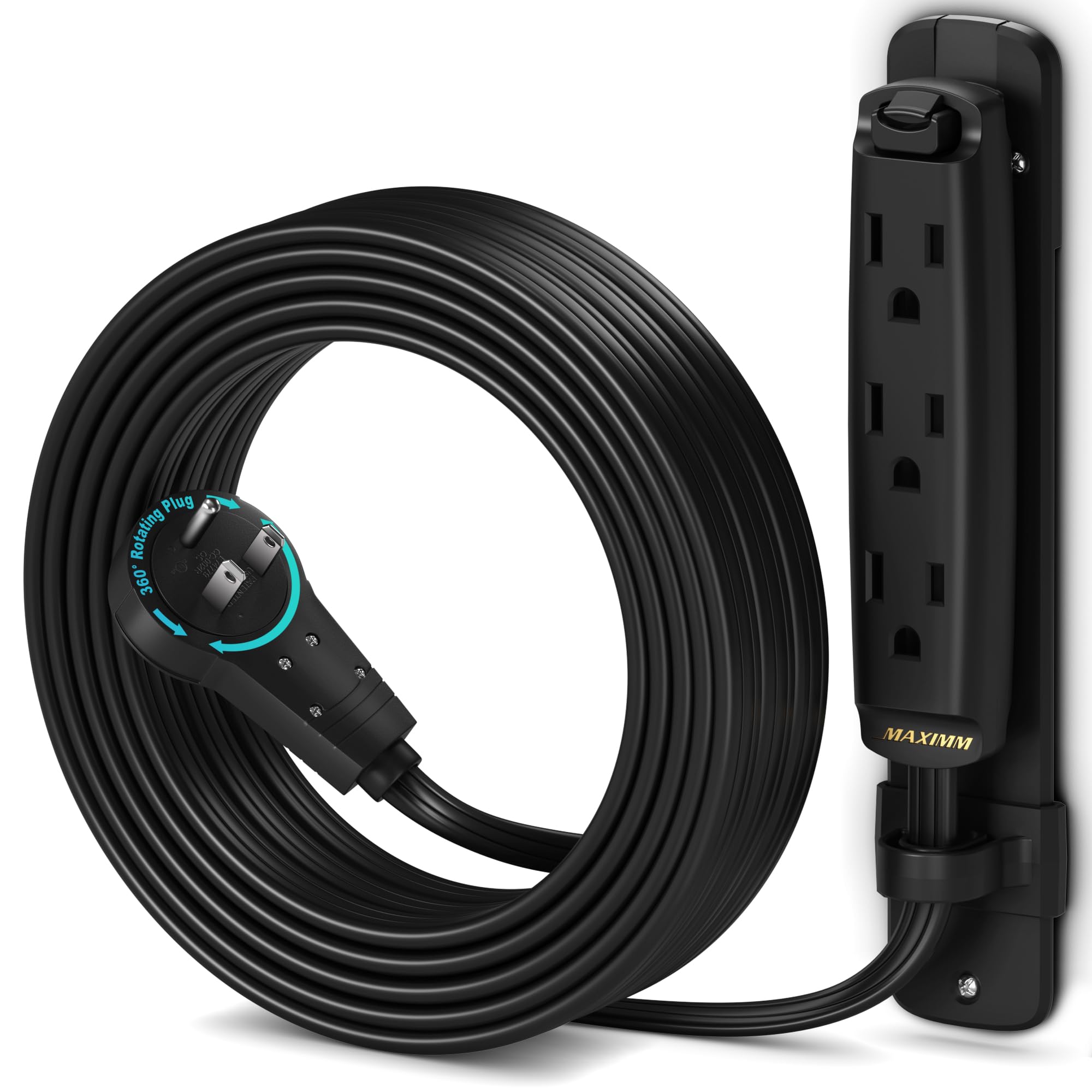 Maximm 360 Degree Rotating Flat Extension Cord 15 Ft Multi 3 Outlet Power Cord With Mounting Bracket, Grounded 16 Awg Ul Certifi