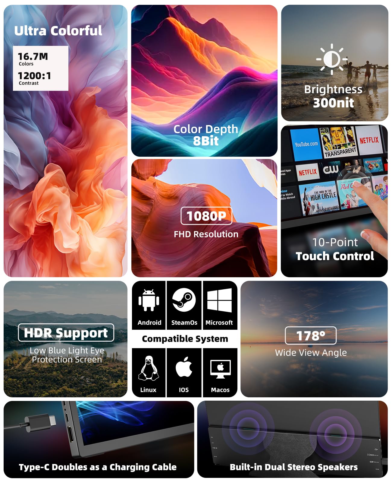 Portable Monitor Touchscreen 15.6  1080P Touch Screen Ips Usb-C Hdmi Computer Monitor Hdr Freesync Eye Care Plug And Play For Pc