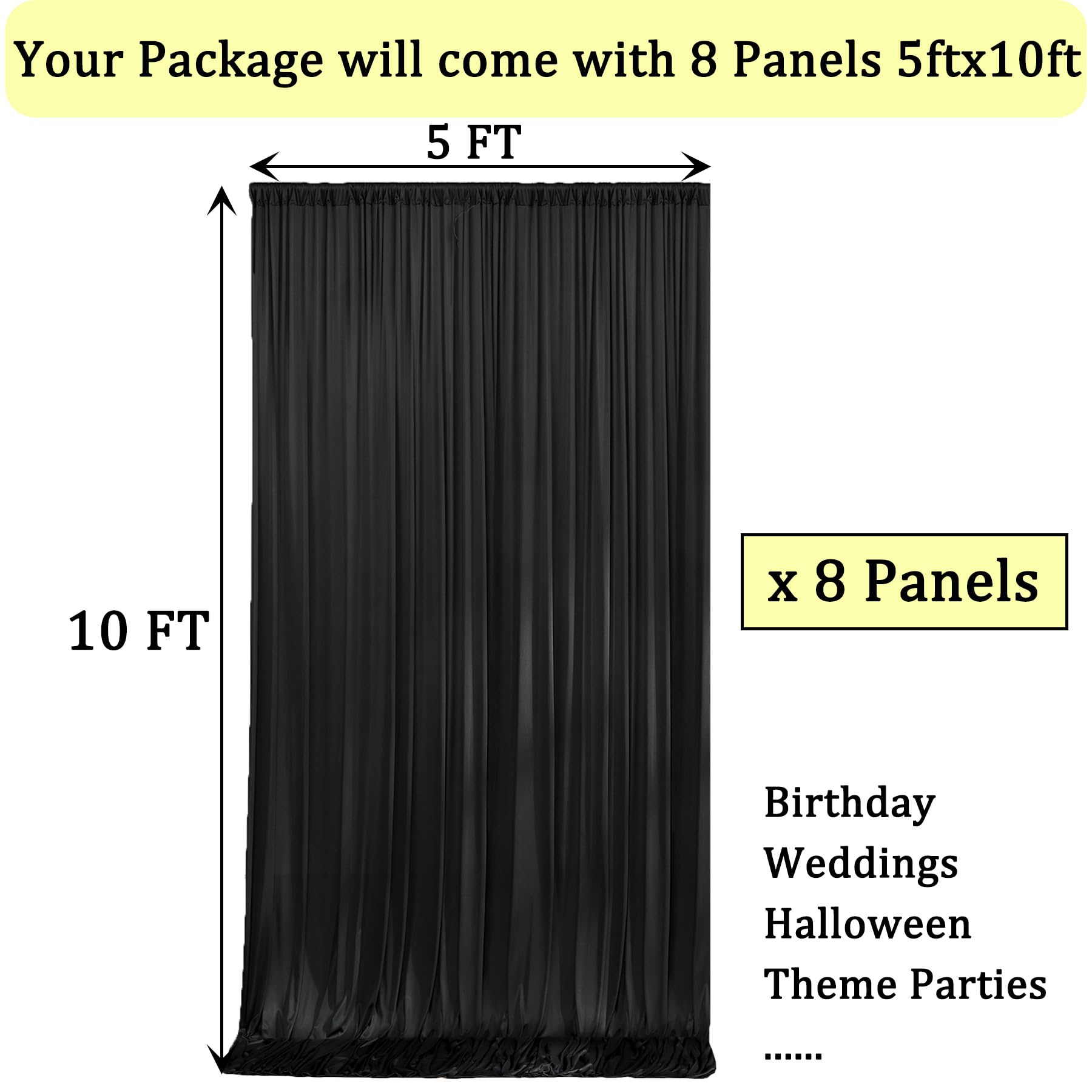 40Ftx10Ft Wrinkle Free Black Backdrop Curtain For Parties, 8 Panels 5X10Ft Silky Polyester Black Photo Backdrop Drapes For Birth