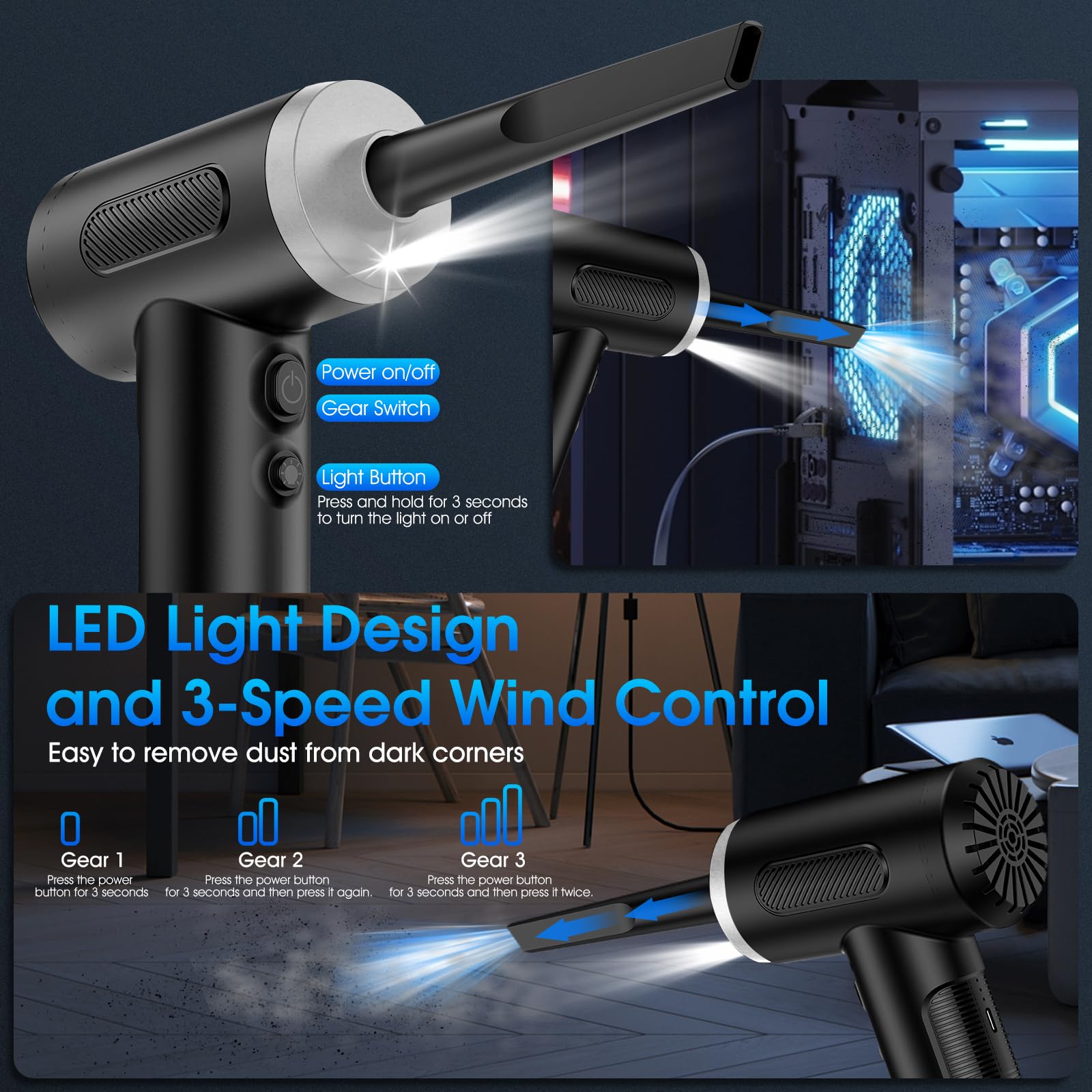 Compressed Air Duster, 100000Rpm Handheld Car Air Blower& Pump, 3 Gear Adjustable Electric Air Duster/Mini Pc Cleaner, Rechargea