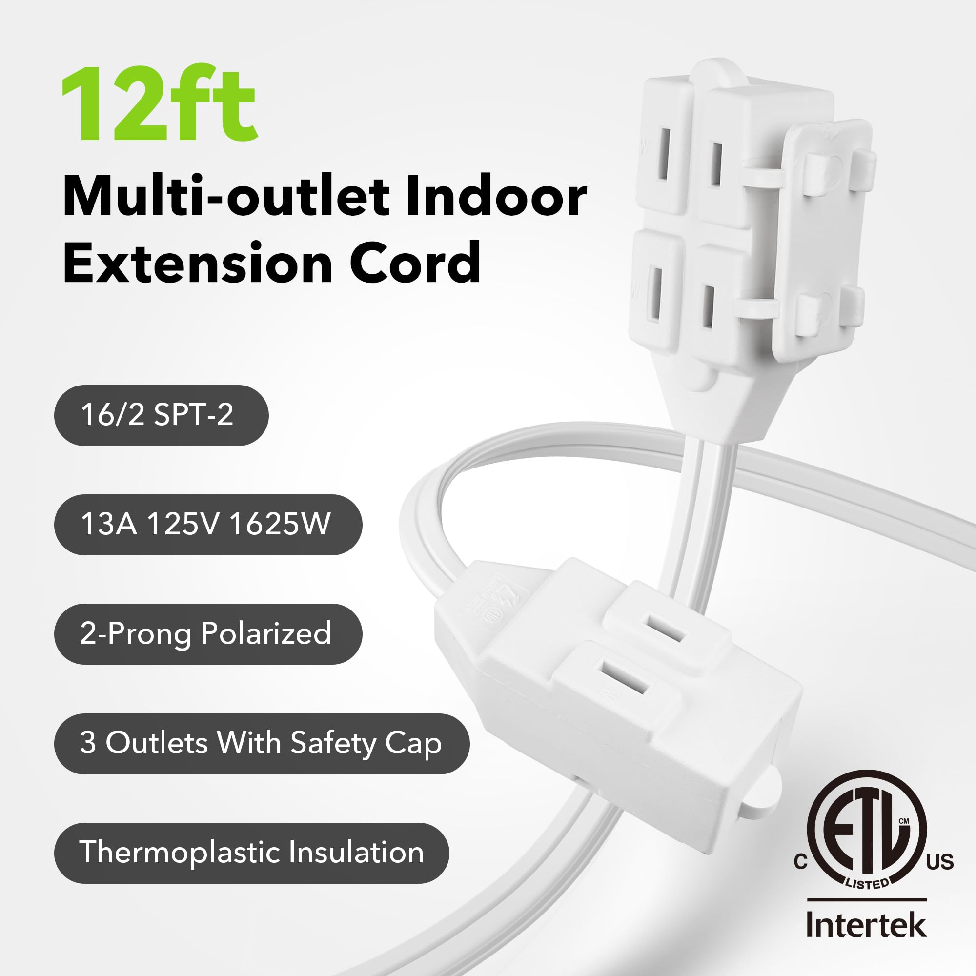 Bn Link 2 Pack 12Ft Indoor Extension Cord, 3 Outlet, 16/2 Spt 2, White, 2 Prong Polarized Plug, Household Power Cord For Home, O