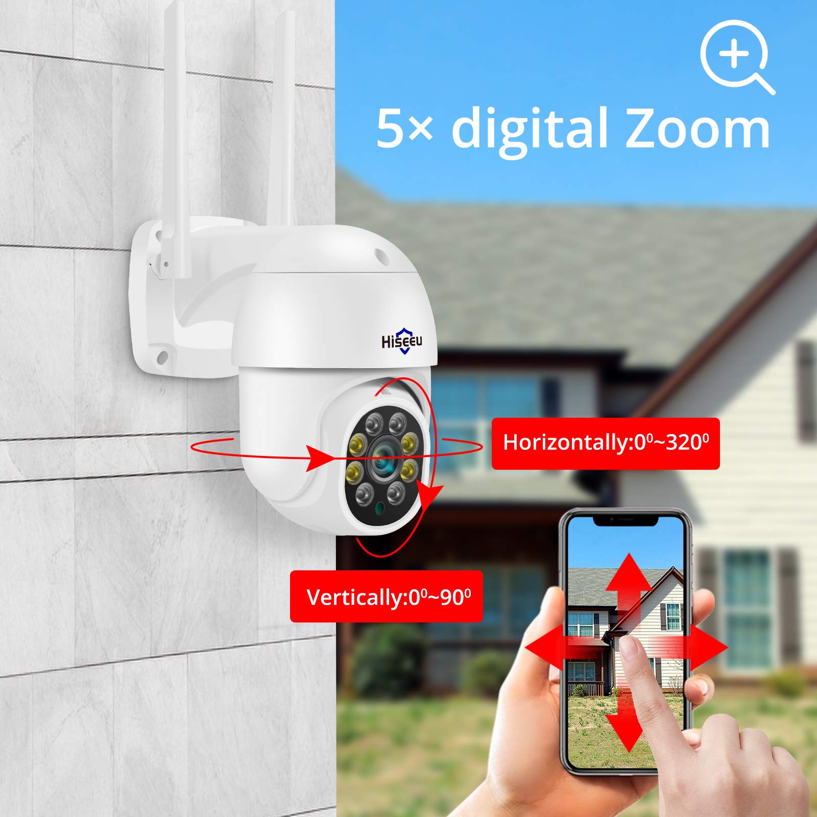 Hiseeu 2K 3Mp Ptz Security Camera Outdoor,Wifi Camera, Auto Tracking&Light Alarm Floodlight & Color Night Vision,Two Way Audio, Plug In Cable,Compatible Wireless Camera System
