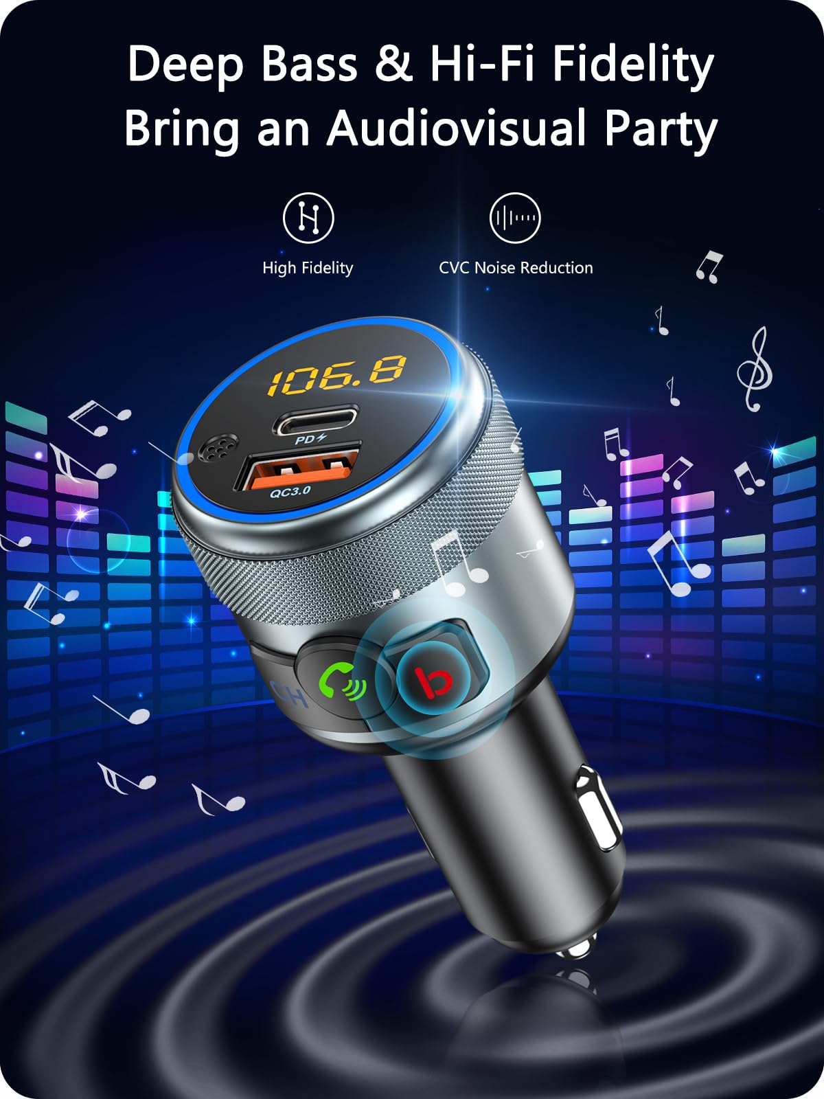 Lencent Car Fm Transmitter, Wireless Bluetooth 5.1 Radio Adapter Car Kit With Big Button, Type C Pd 20W And Qc3.0 18W Car Fast C