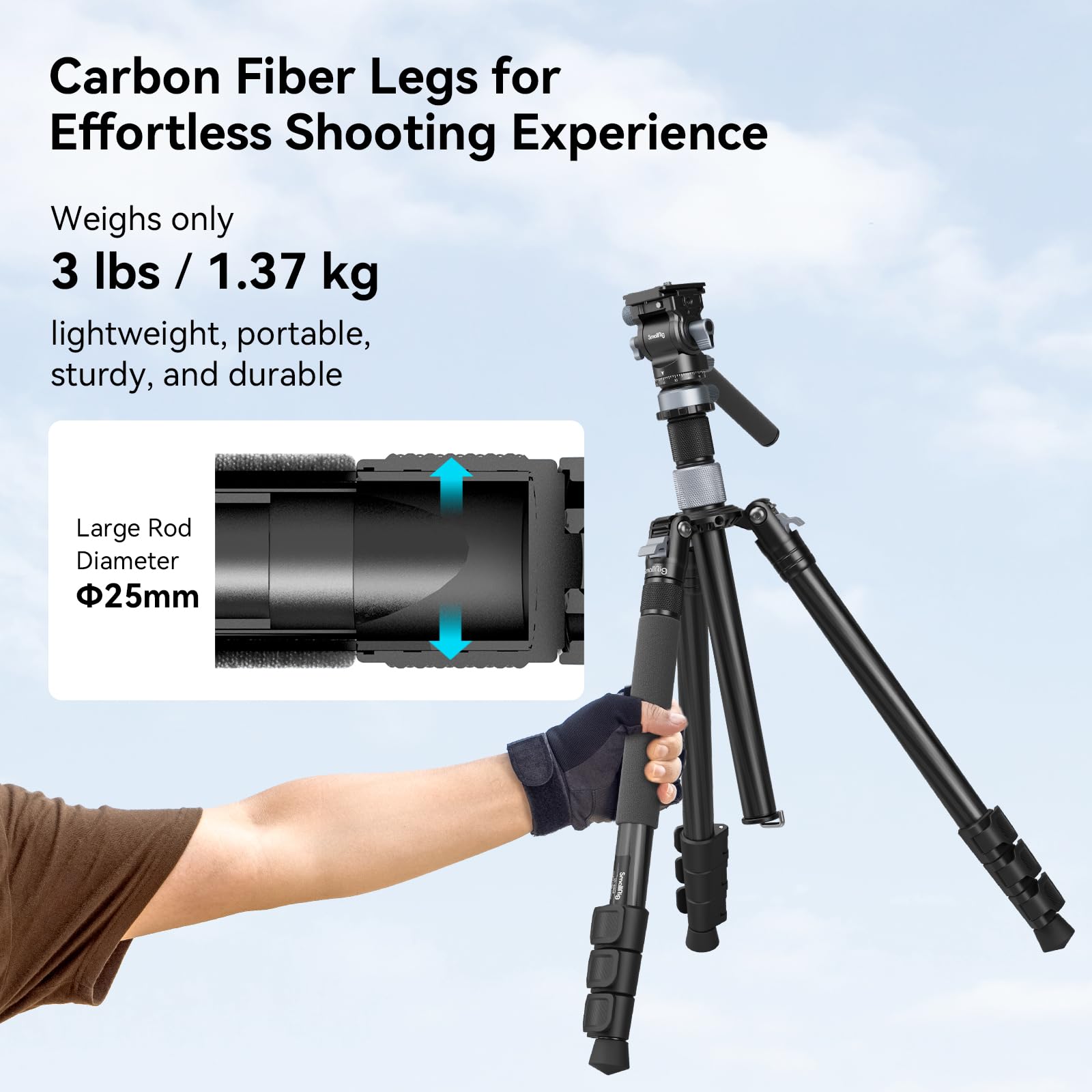 Smallrig 63 Video Travel Tripod, Carbon Fiber Tripod With Quick Release Fluid Head, Leveling Bowl Base And Center Column, 1.3Kg