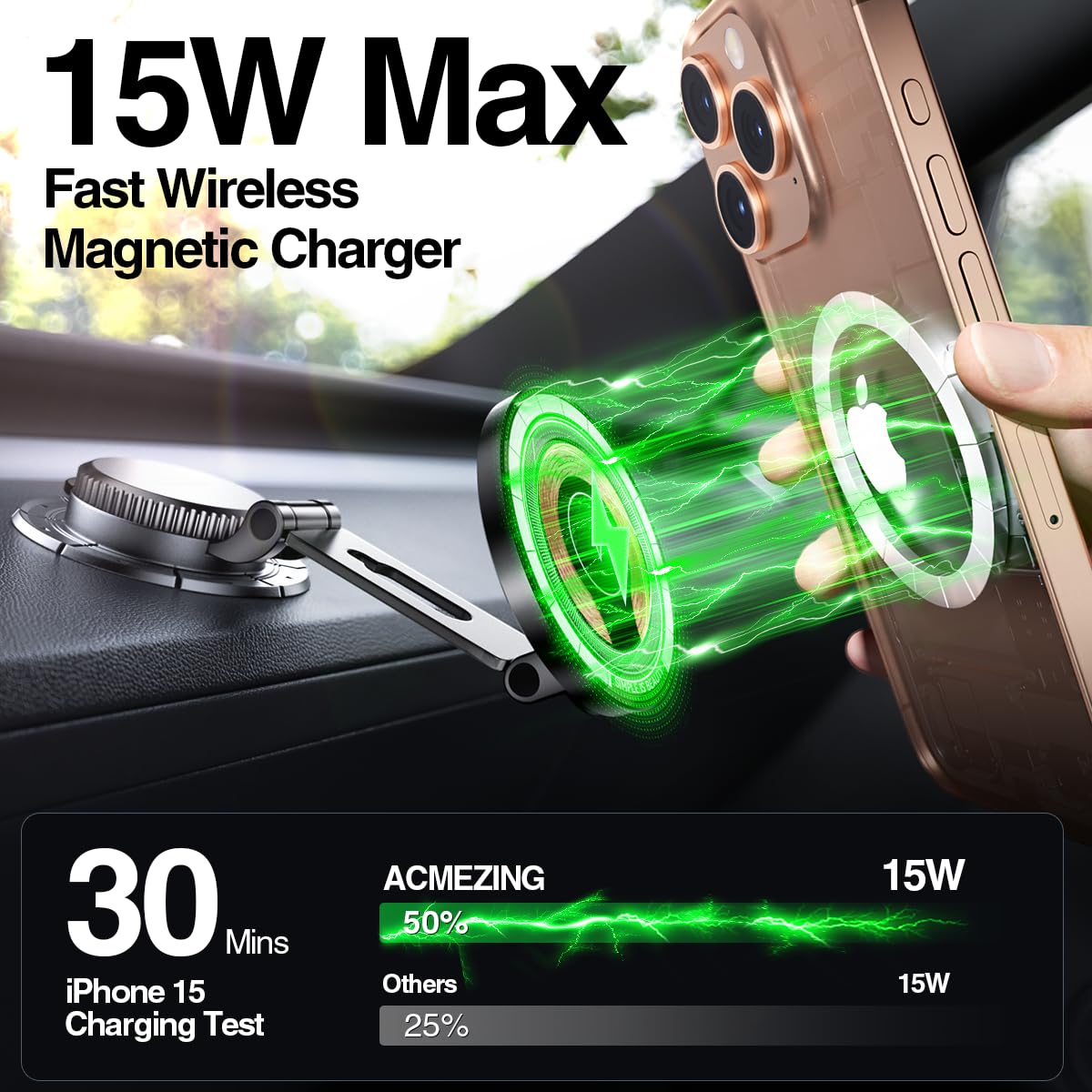 15W Magnetic Wireless Car Mount Charger,Xo Foldable And Adjustable Fast Charging Phone Holder, Ultra Mag Safe Car Charger For Ip