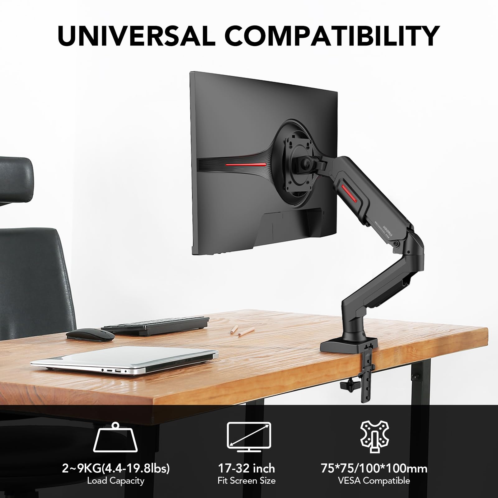 Koorui Single Monitor Mount, Rotation, Swivel, Tilt, Adjustable Gas Spring Monitor Arm Fits 17 32Inch, 4.4 19.8Lbs Monitor, Monitor Stand For Desk With C Clamp/Grommet Mounting Base