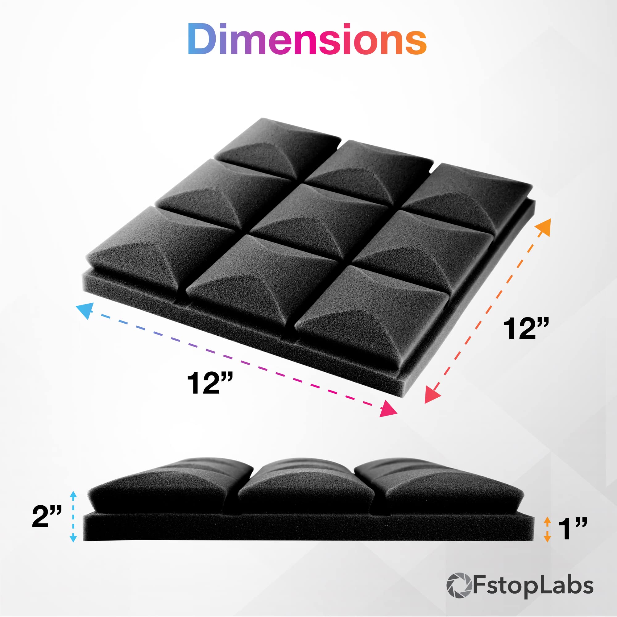 Fstop Labs Acoustic Foam Panels, 24 Pack Black 2'' X 12' X 12' Mushroom Studio Wedge Tiles, Sound Panels Sound Proof Foam Panels Sound Proofing Padding For Wall