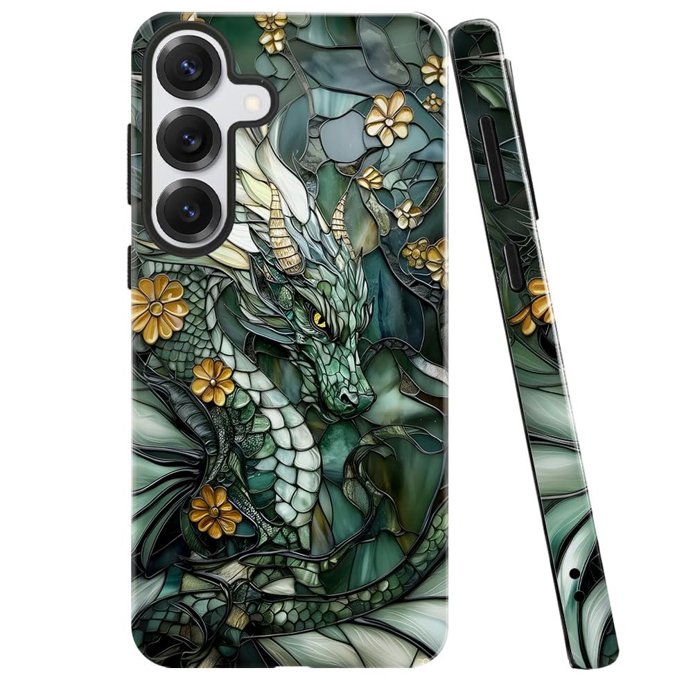Case for Samsung Galaxy S25,Dragon Stained Glass Aesthetic Dark Phone Case Military-Grade Drop Protection Cover for Women Girl -