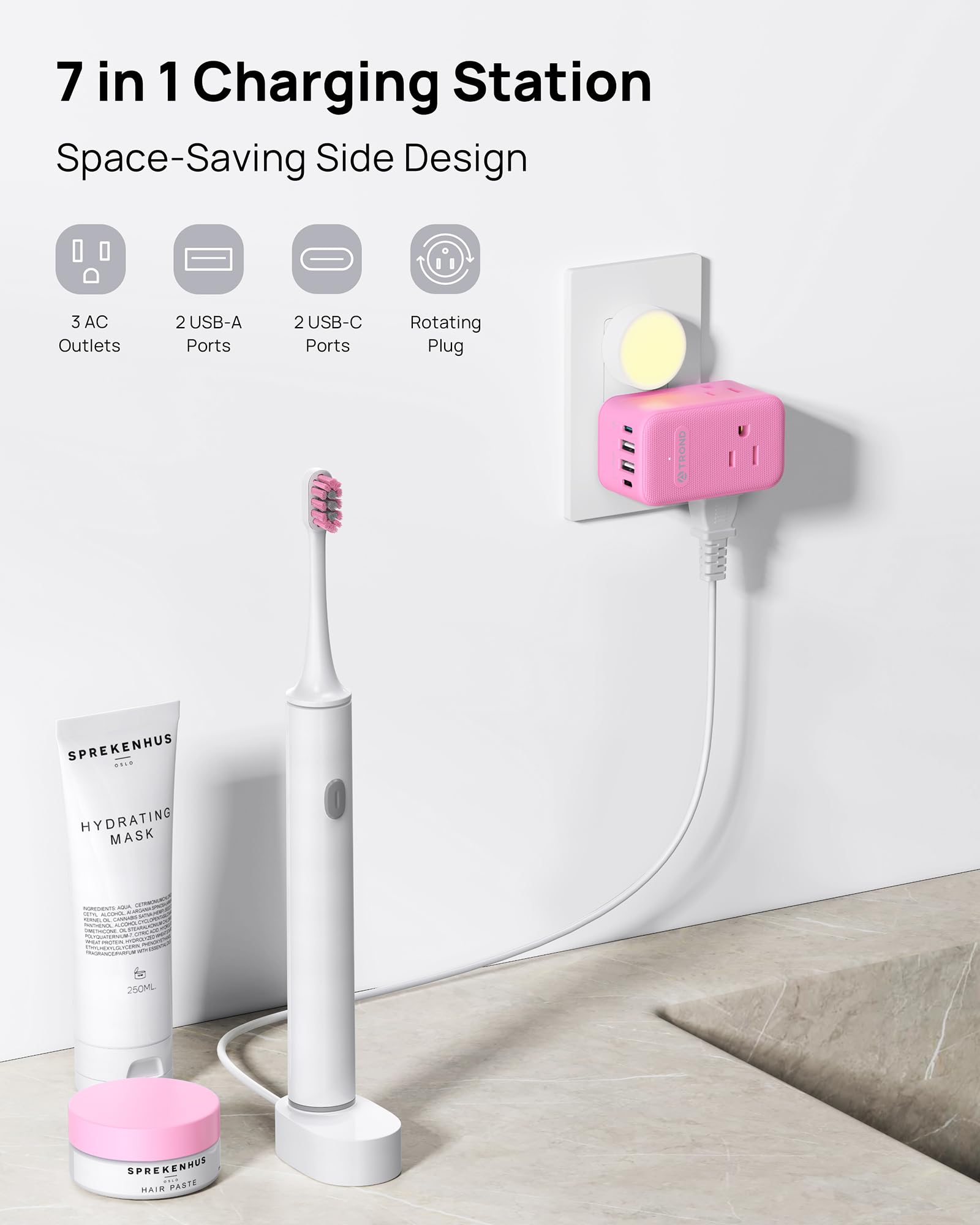 Trond Outlet Extender With Usb C, 3 Ac Outlet Splitter With 360 Rotation, Multiple Wall Plug With Pd 20W Port, Cute Pink Plug Ex
