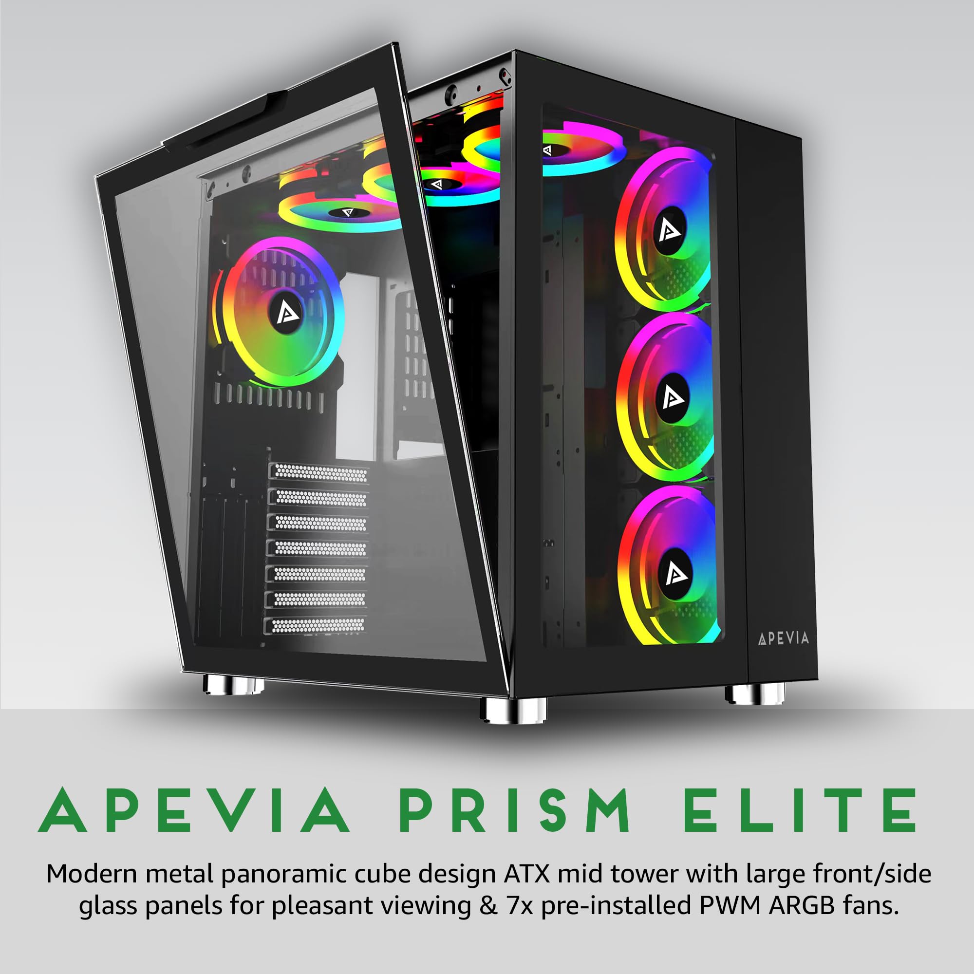 Apevia Prism Elite Bk Prism Elite Mid Tower Atx Gaming Pc Cube Case W/ 7X 120Mm Pwm Argb Fans, 366 Rgb Modes, Dual Tempered Glas