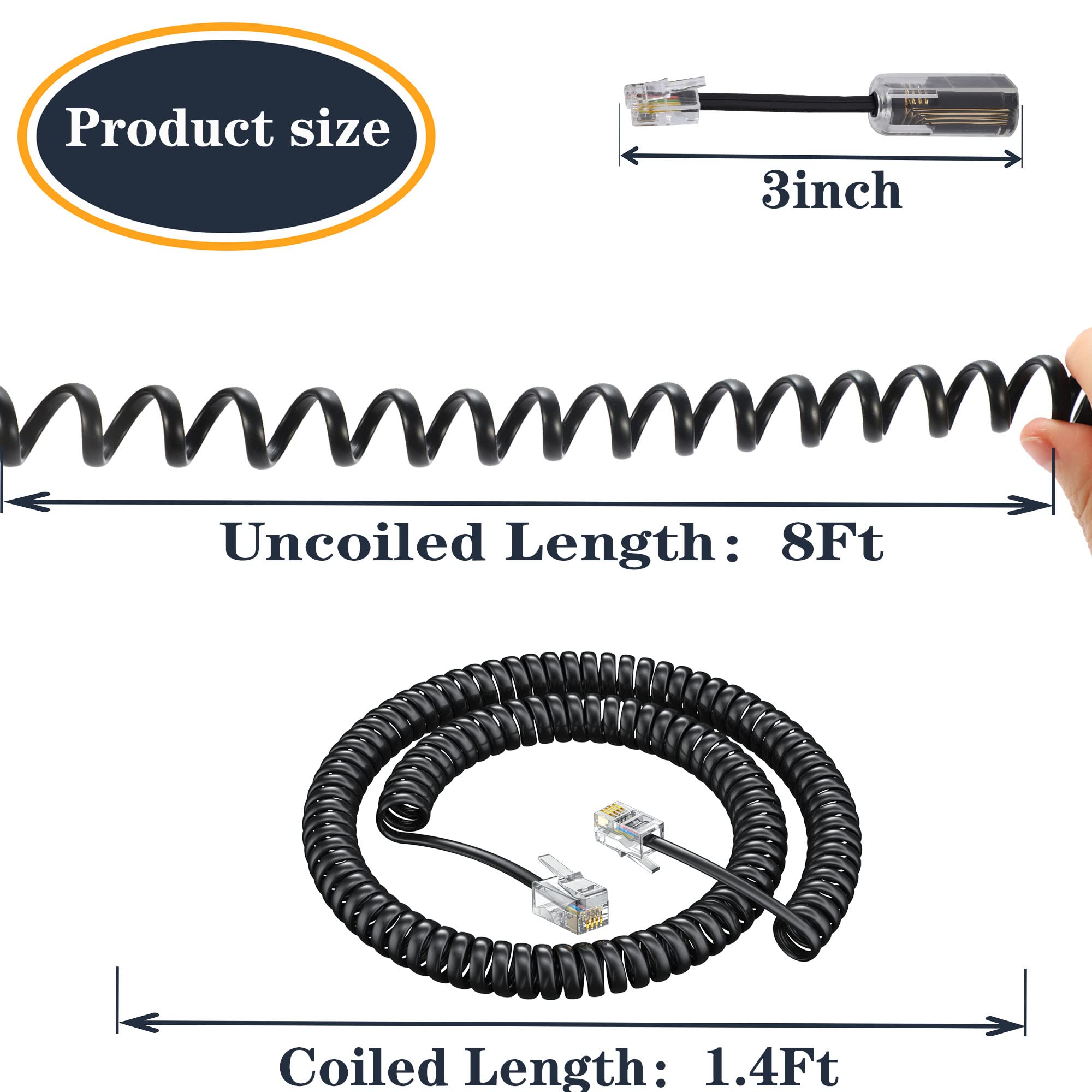 Ubramac Rj9 4P4C Telephone Cord,Telephone Cord Detangler, 4Pack 8Ft Uncoiled / 1.4Ft Coiled Telephone Handset Cord With 4 Pack 3