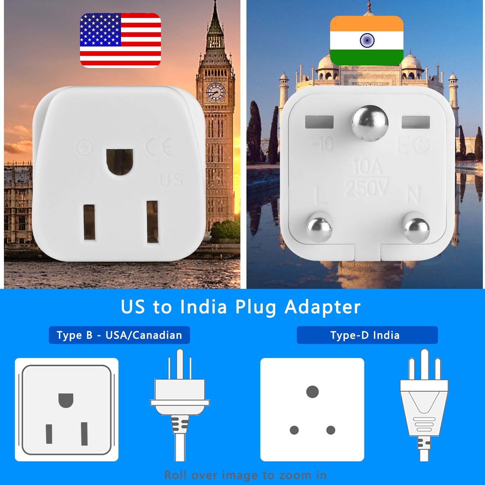 Us To India Plug Adapter,Type D Plug Adapter India Power Adapte Us To India, Bangladesh, Maldives, Pakistan Travel Adapter 2 Pac