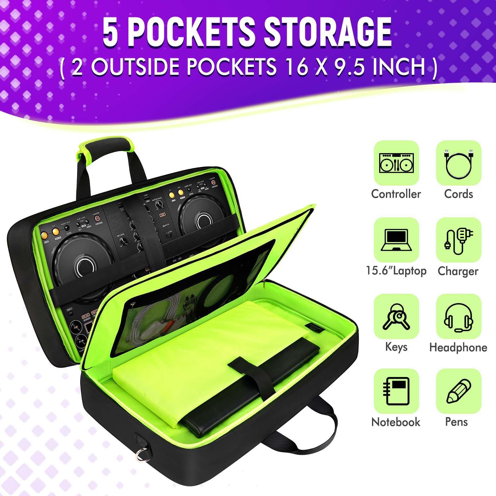 Snigjat Dj Controller Case For Ddj Flx4/ Dj 400/ Ddj Rev1, Padded Dj Controller Bag With 5 Pockets For Laptop, Headphones, Cable