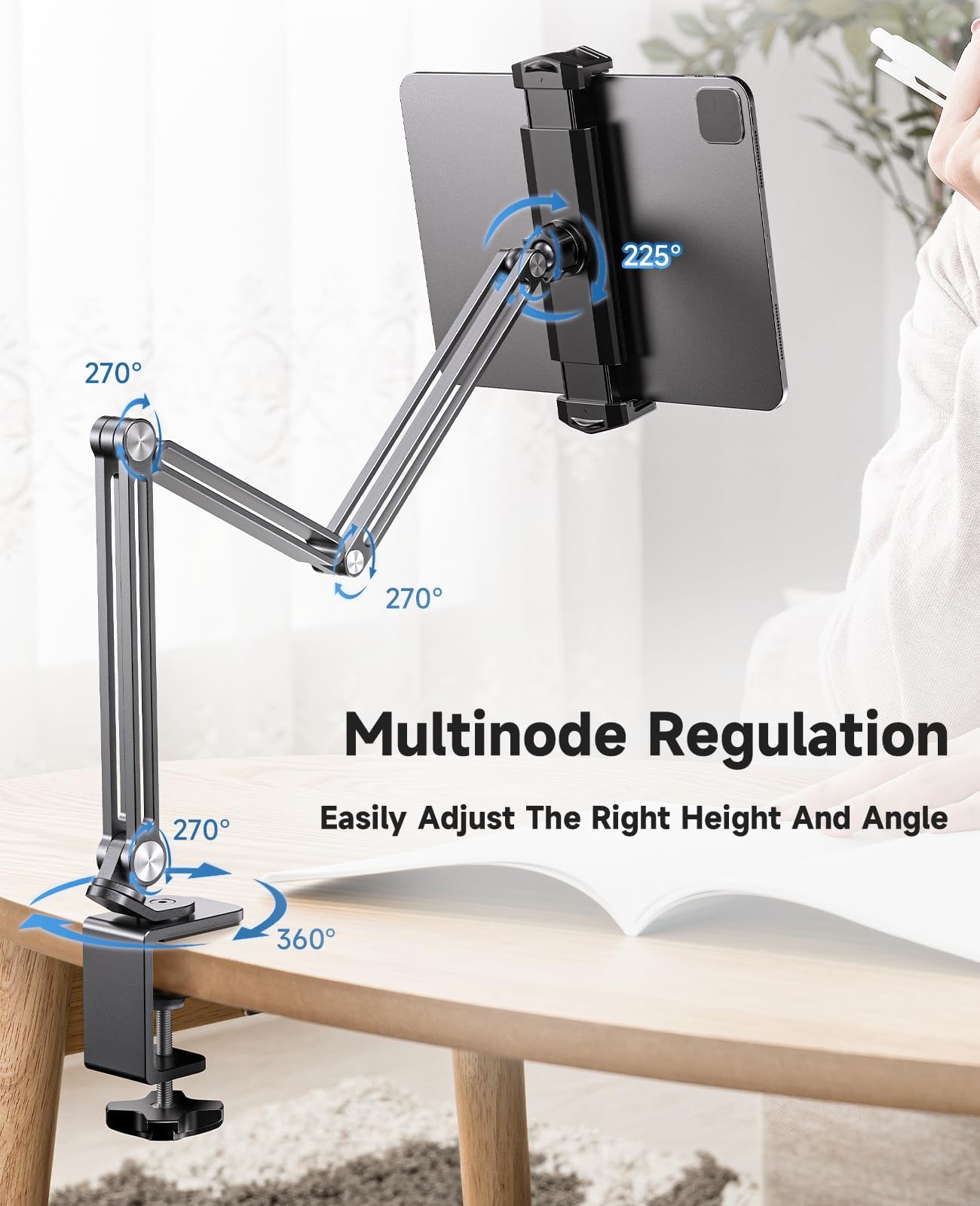 Yicosun Aluminum Adjustable Tablet Holder Stand For Bed & Desk   Compatible With Ipad Pro Air, 7 15.6'' Portable Monitor, Kindle