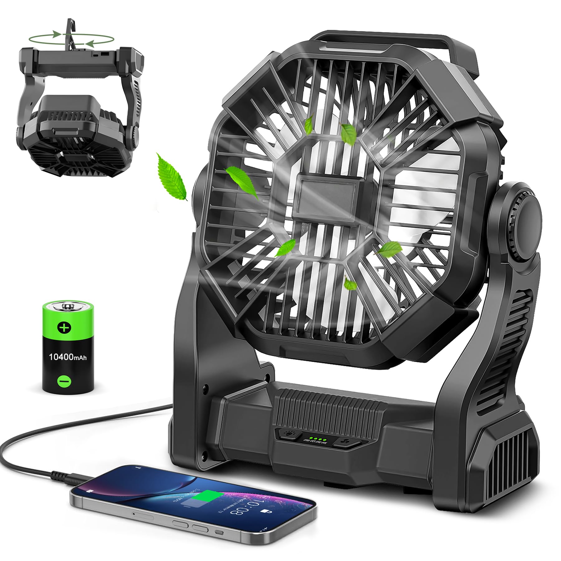 Conbola Portable Rechargeable Camping Fan For Tent, 10400Mah Battery Operated Outdoor Fan With Hanging Hook, Led Lantern, 270 Ro