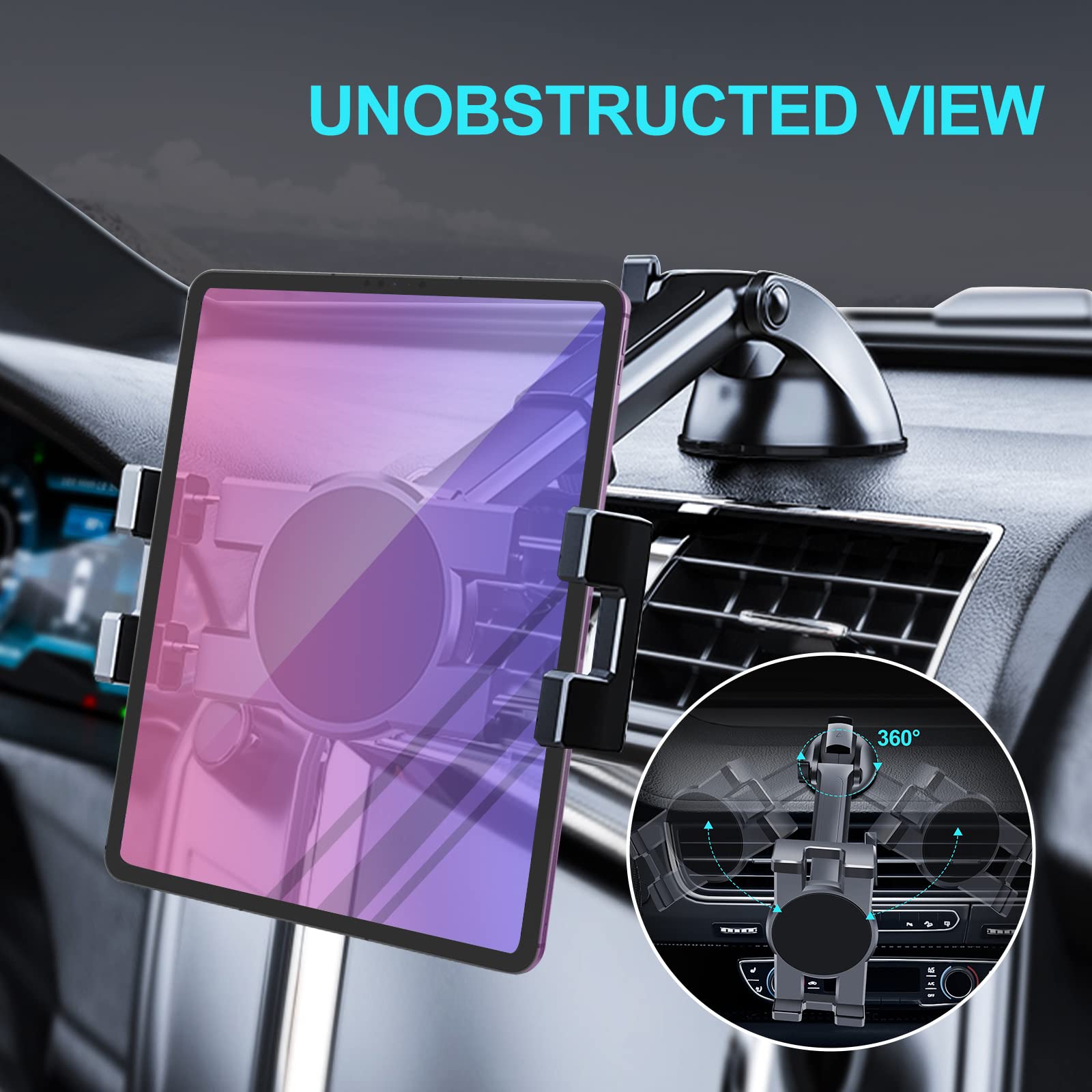 Dashboard & Windshield Car Tablet Mount Holder, 360 Rotatable Suction Cup Window Dash Phone Stand For Ipad Pro 12.9/9.7/11/10.5/