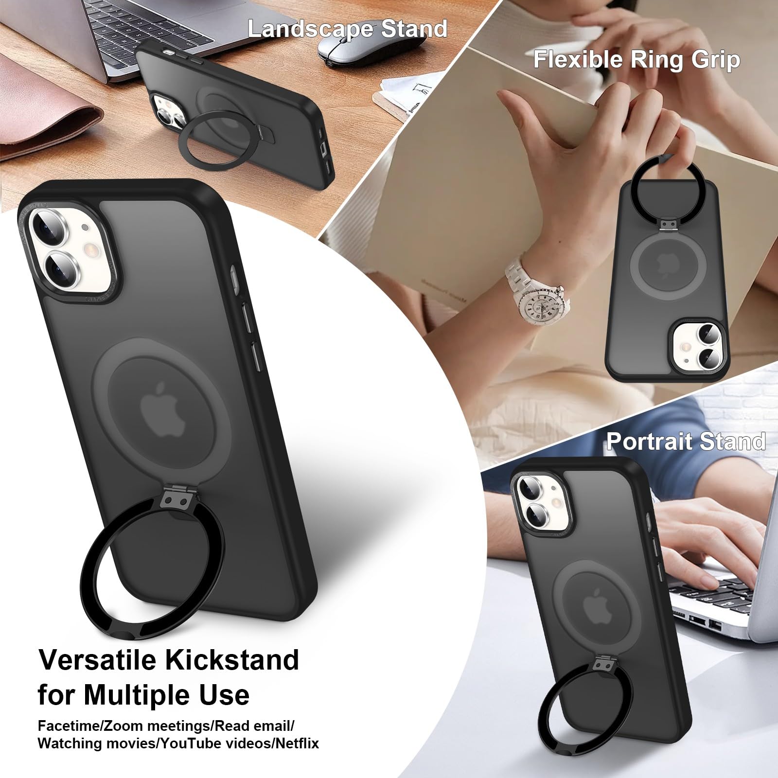 Lufanbis Magnetic For Iphone 12/12 Pro Case With Ring Stand, [10 Ft Drop Protection] [Velvety Touch] Slim Translucent Matte Back