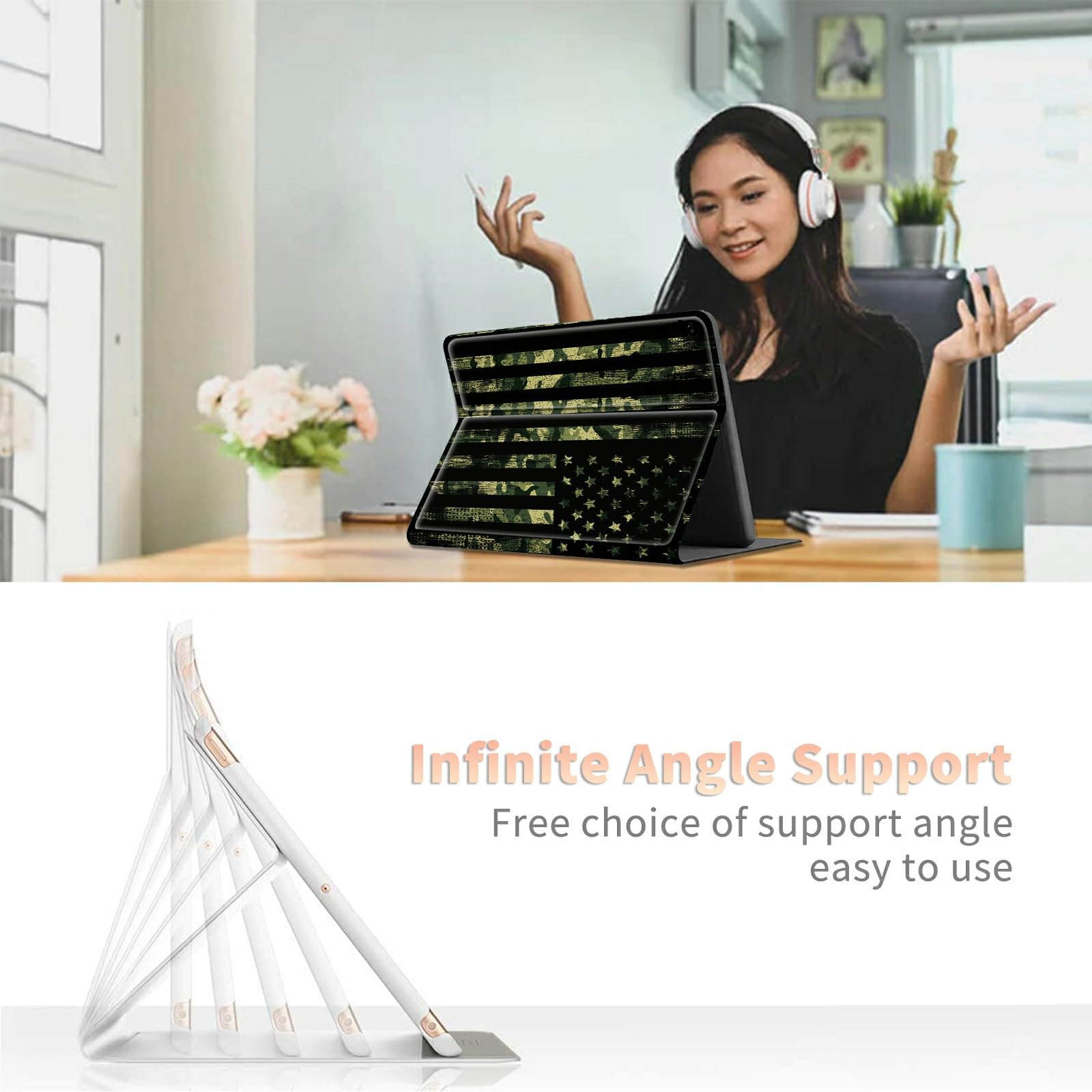 Military Camouflage American Flag Case For All New Kindle Fire Hd 10 & 10 Plus Tablet (11Th Generation, 2021 Release), Pu Leathe