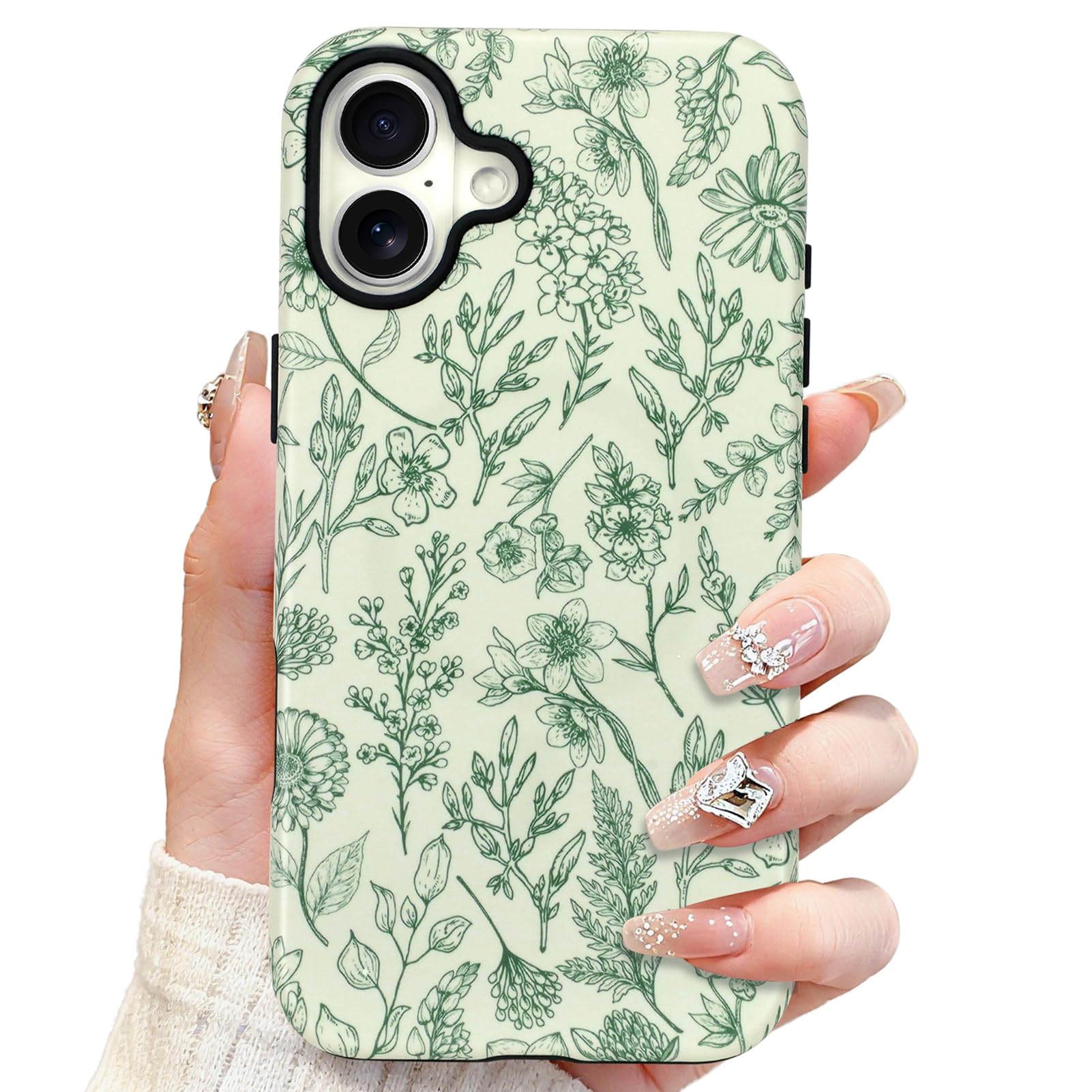 SOKAD Magnetic Sage Floral Phone Case for iPhone 17, Vintage Green Flower Pattern Compatible with Magsafe Matte Protective Case 