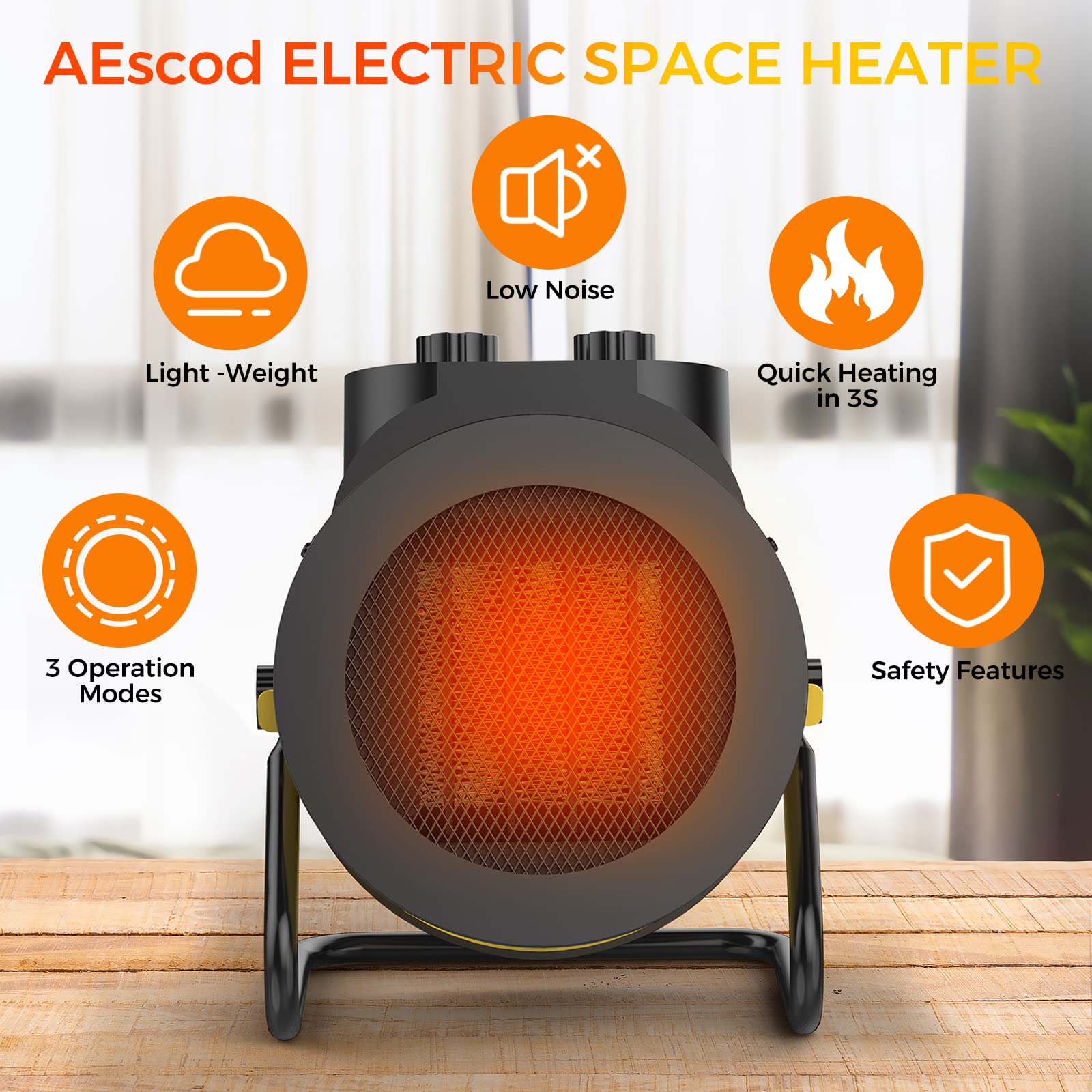Aescod Space Heater, 1500W Electric Heater With 90 Adjustable Angle, Overheat Protection, Heater For Garage Office Indoor Use