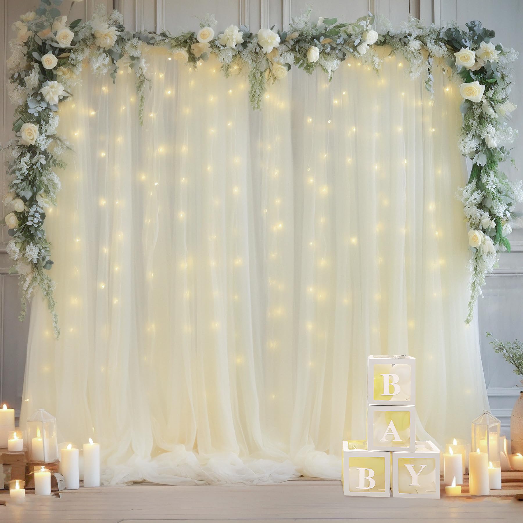 10  10Ft Cream White Tulle Backdrop Curtain With Lights String For Parites, Sheer Curtain Backdrop Drapes For Wedding Party Home