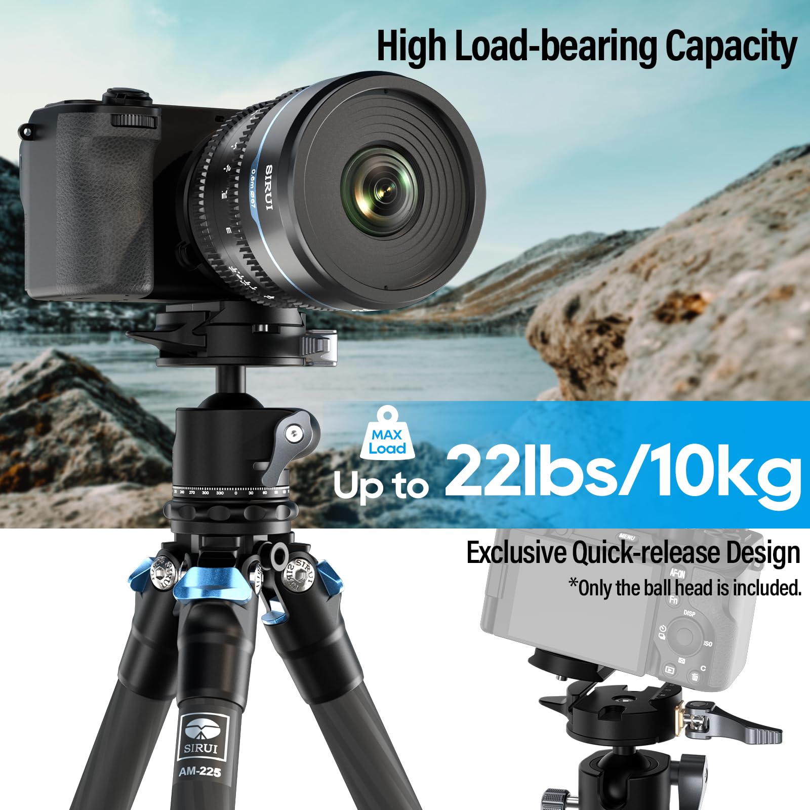 Sirui Quick Release System Low Profile Tripod Head, 360� Panoramic Metal Camera Ball Head Mount With 1/4' And 3/8' Threaded Hole For Monopod, Dslr, Phone, Max Load 22Lbs/10Kg, Gh30