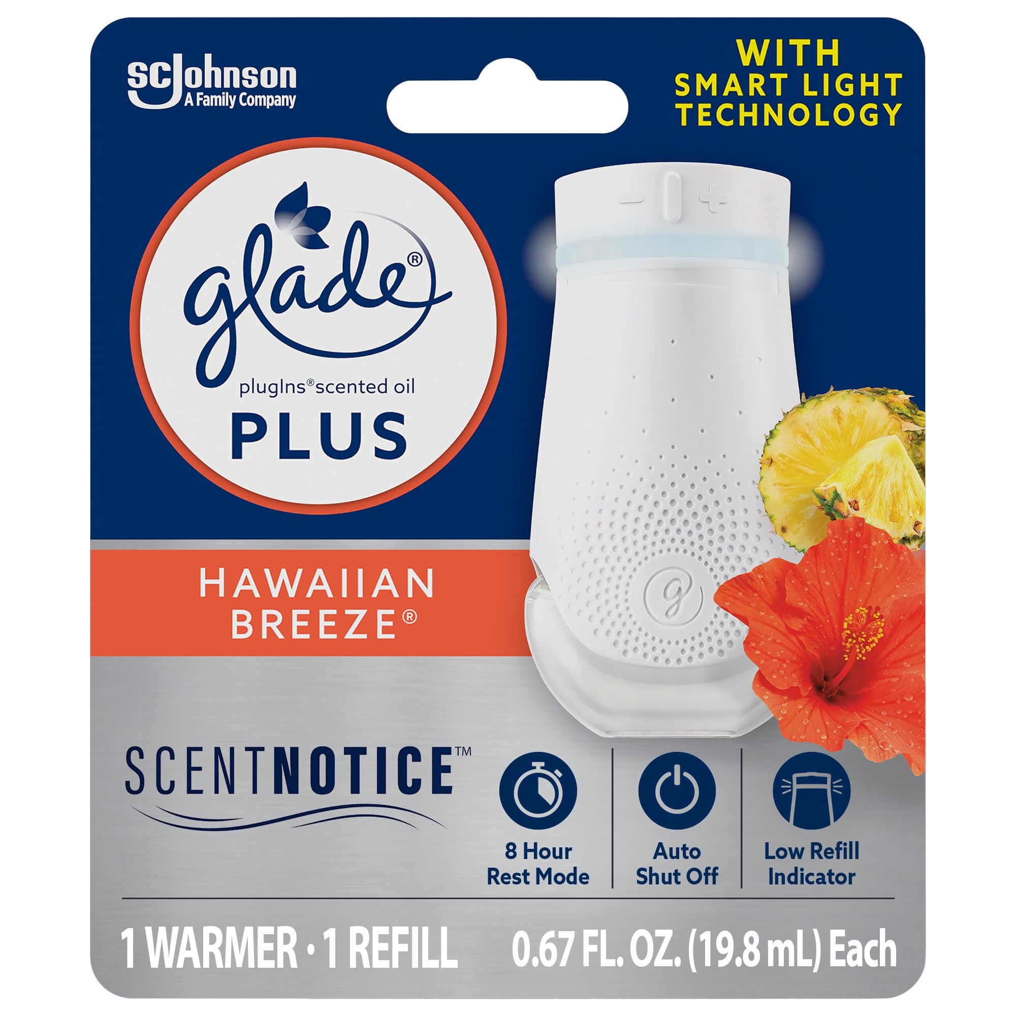 Glade Plugin Plus Air Freshener Starter Kit, Scented Oil For Home And Bathroom, Hawaiian Breeze, 0.67 Fl Oz, 1 Warmer + 1 Refill