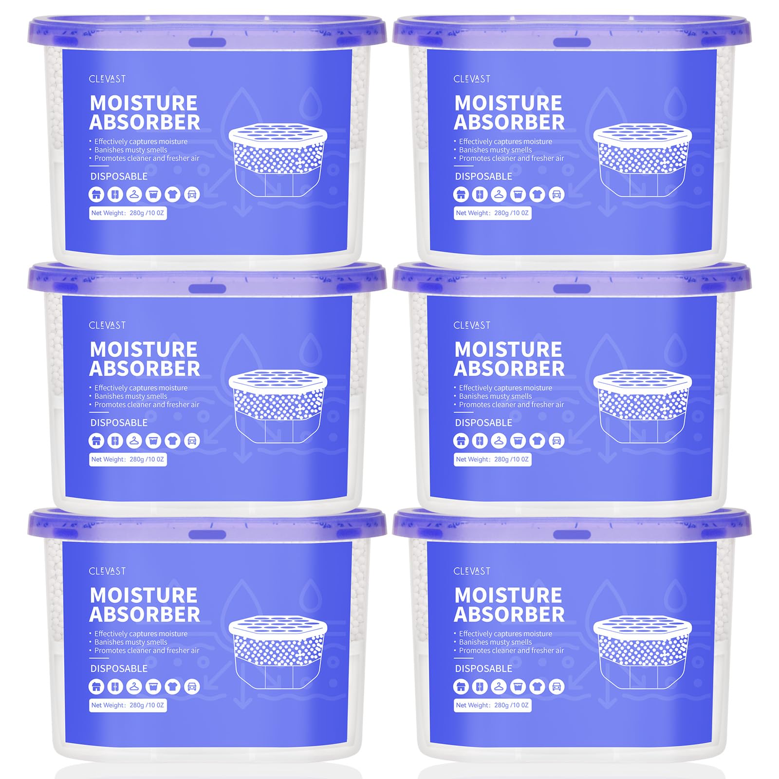 CLEVAST Moisture Absorber Boxes 6 Pack, 10 Oz Dehumidifier for Closet & Bathroom, Humidity Absorber for Wardrobe, Bedroom, RV & 