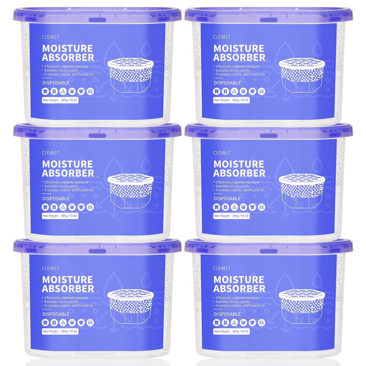 Clevast Moisture Absorbers Boxes 6 Pack, Dehumidifier Boxes For Closet, Unscented Hanging Humidity Absorber In Wardrobes, Bedroo