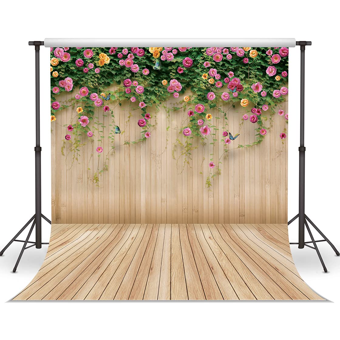Wolada 8X8Ft Flower Wall Backdrop Spring Backdrop Spring Floral Photo Backdrop Brown Wood Plank Flower Wall Photography Backdrop Girl Birthday Party Wedding Shower Photography Background 8909